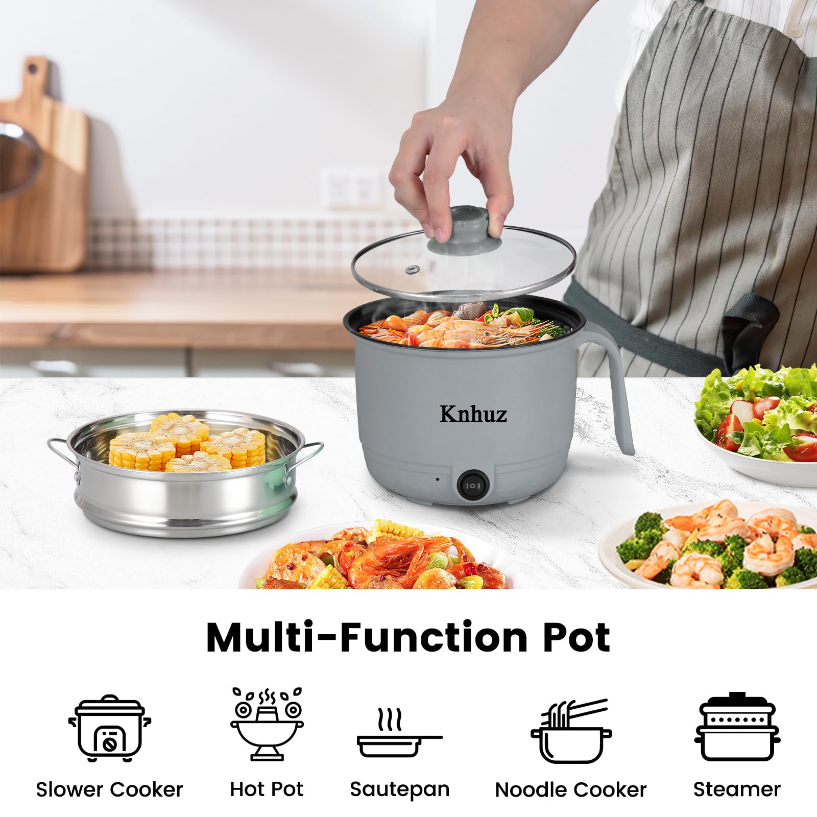 1.8L Electric Hot Pot with Steamer - Portable Mini Self-Heating Cooker for Noodles, Ramen, Pasta, Steak & Shabu Shabu | Non-Stick Gray Pot for Dorm, Office & Travel | Fast Cooking & Easy Clean