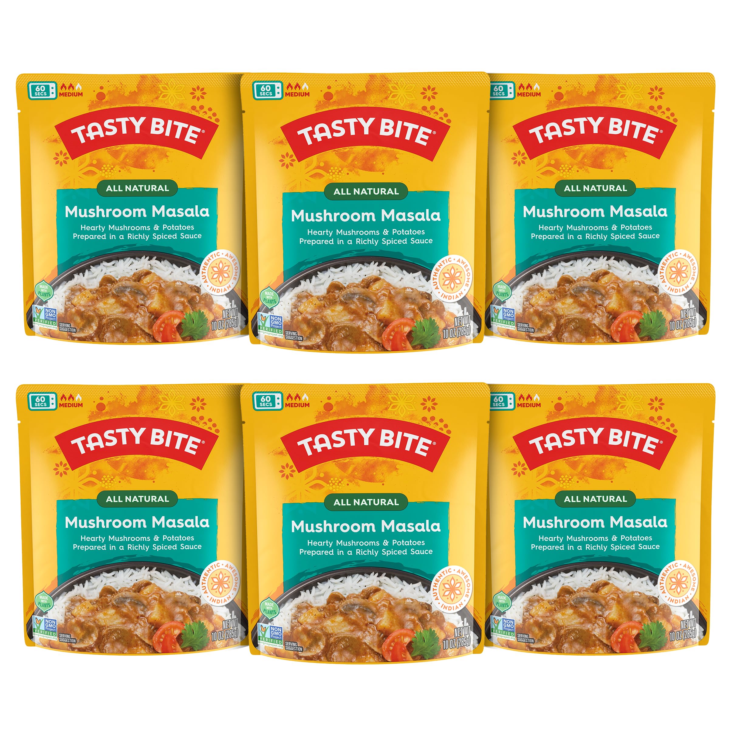 Tasty Bite Mushroom Masala Vegan Ready-to-Eat Meal - 10oz (Pack of 6) | Microwavable Indian Entree with Mushrooms & Potatoes | Quick Lunch, Office Meals & Camping Food
