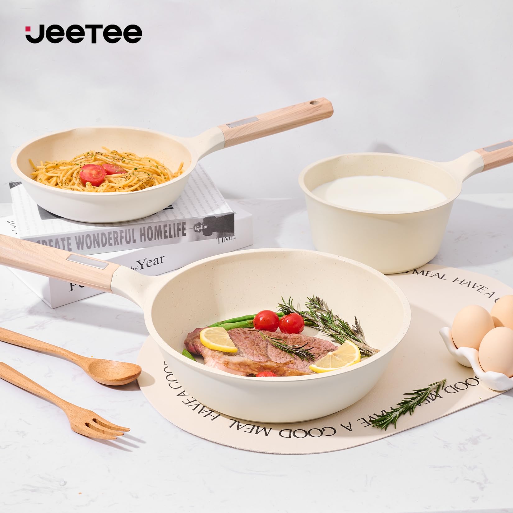 JEETEE 15-Piece Non-Stick Granite Induction Cookware Set - PFOA & PFOS Free - Perfect for Gas, Electric & Induction Stoves - Ideal for Frying, Sautéing & Everyday Cooking