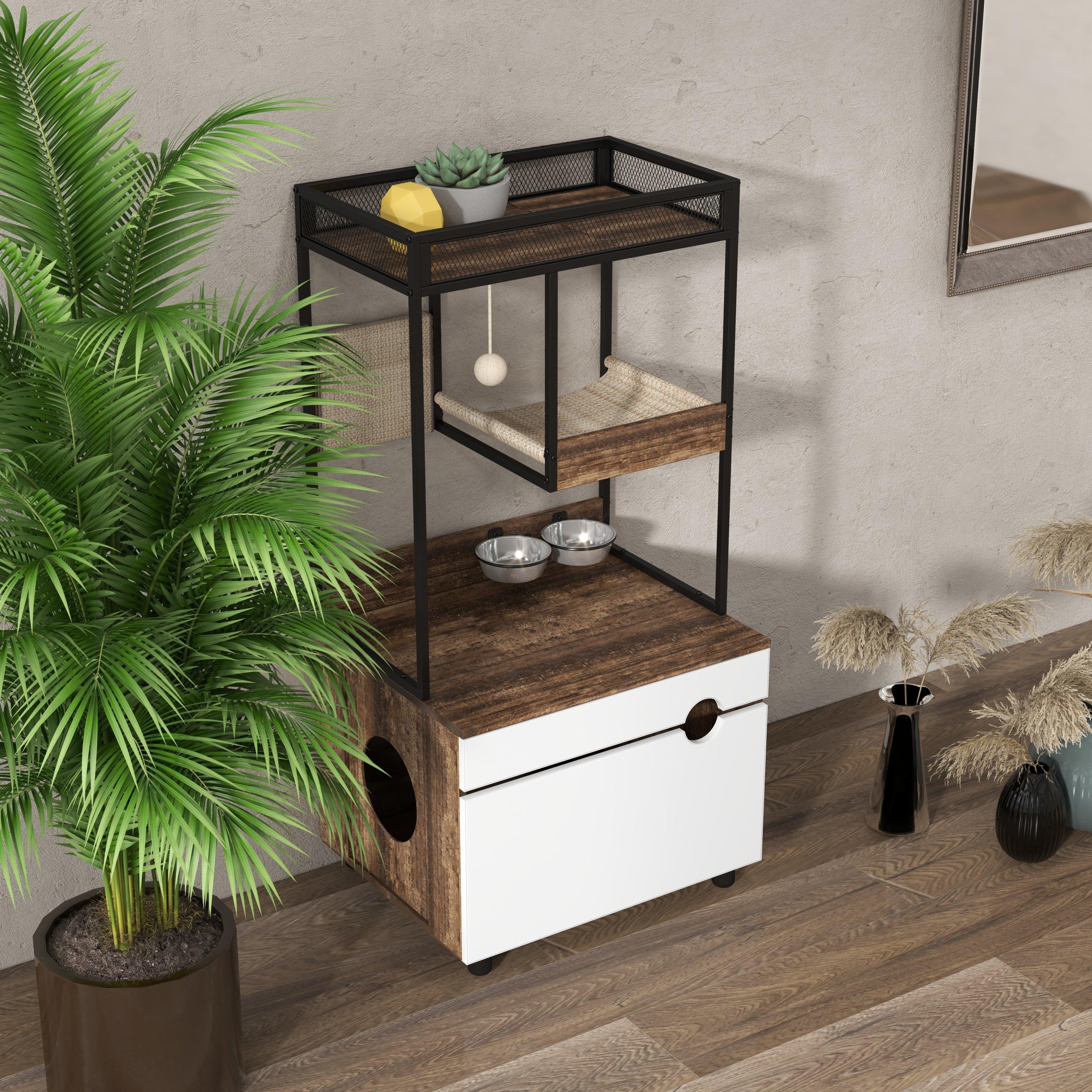 Cat Litter Box Enclosure with Cat Tree Tower - Modern Cat Furniture Cabinet for Home Decor | Perfect for Small Spaces & Multi-Cat Households