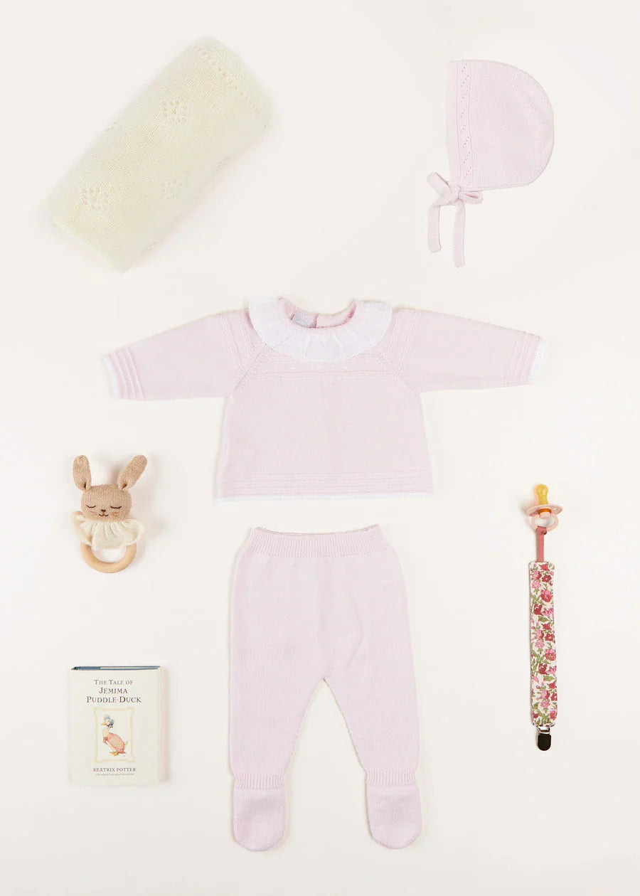 Dot Detail Lace Collar Knitted Baby Set - Pink (1-6 Months) | Soft Newborn Outfit for Photo Shoots & Special Occasions