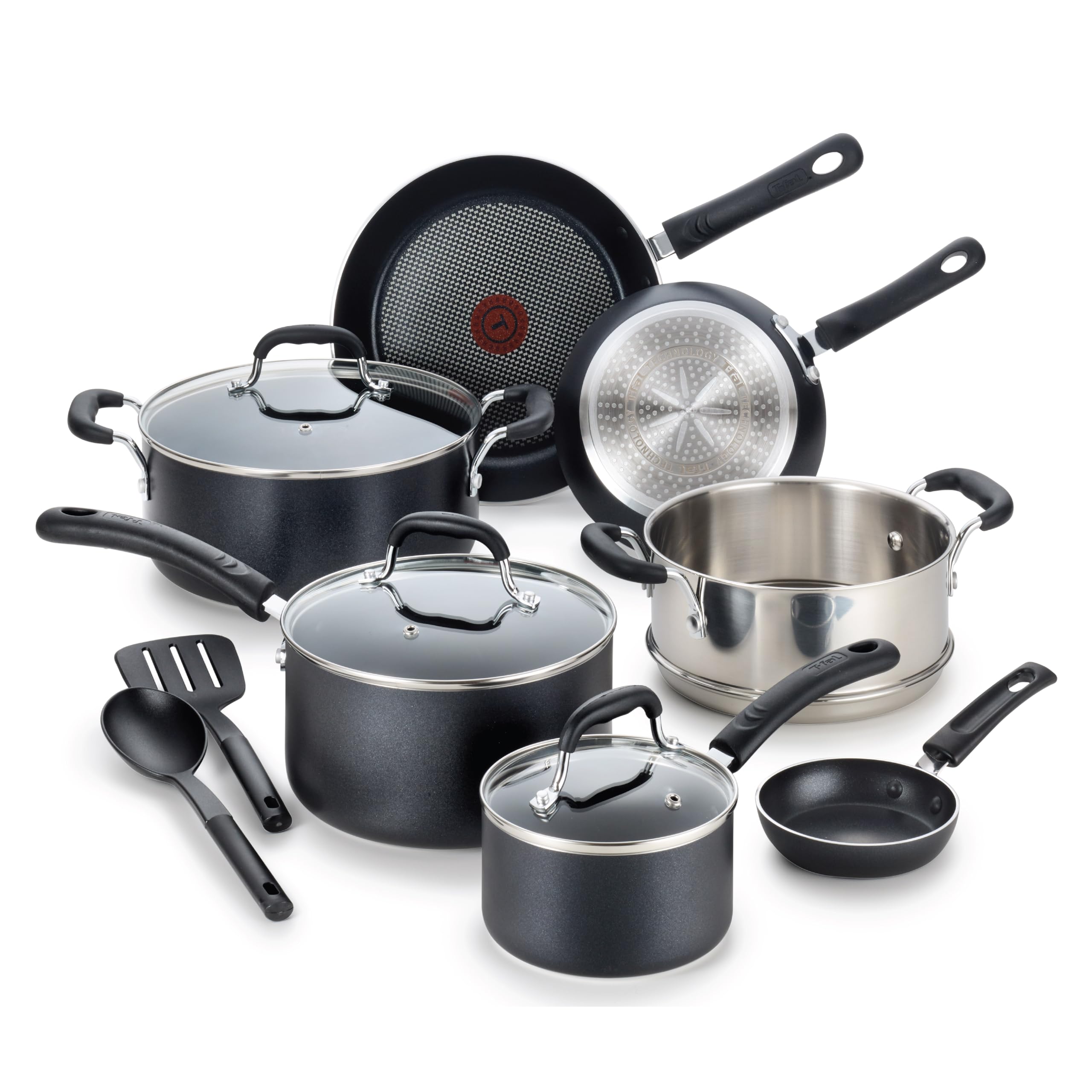 T-fal Experience 12-Piece Nonstick Cookware Set - Induction Compatible, Oven & Broiler Safe to 350°F - Includes Fry Pans, Saucepan, Stockpot & Kitchen Utensils - Dishwasher Safe Black Cookware for Everyday Cooking & Family Meals