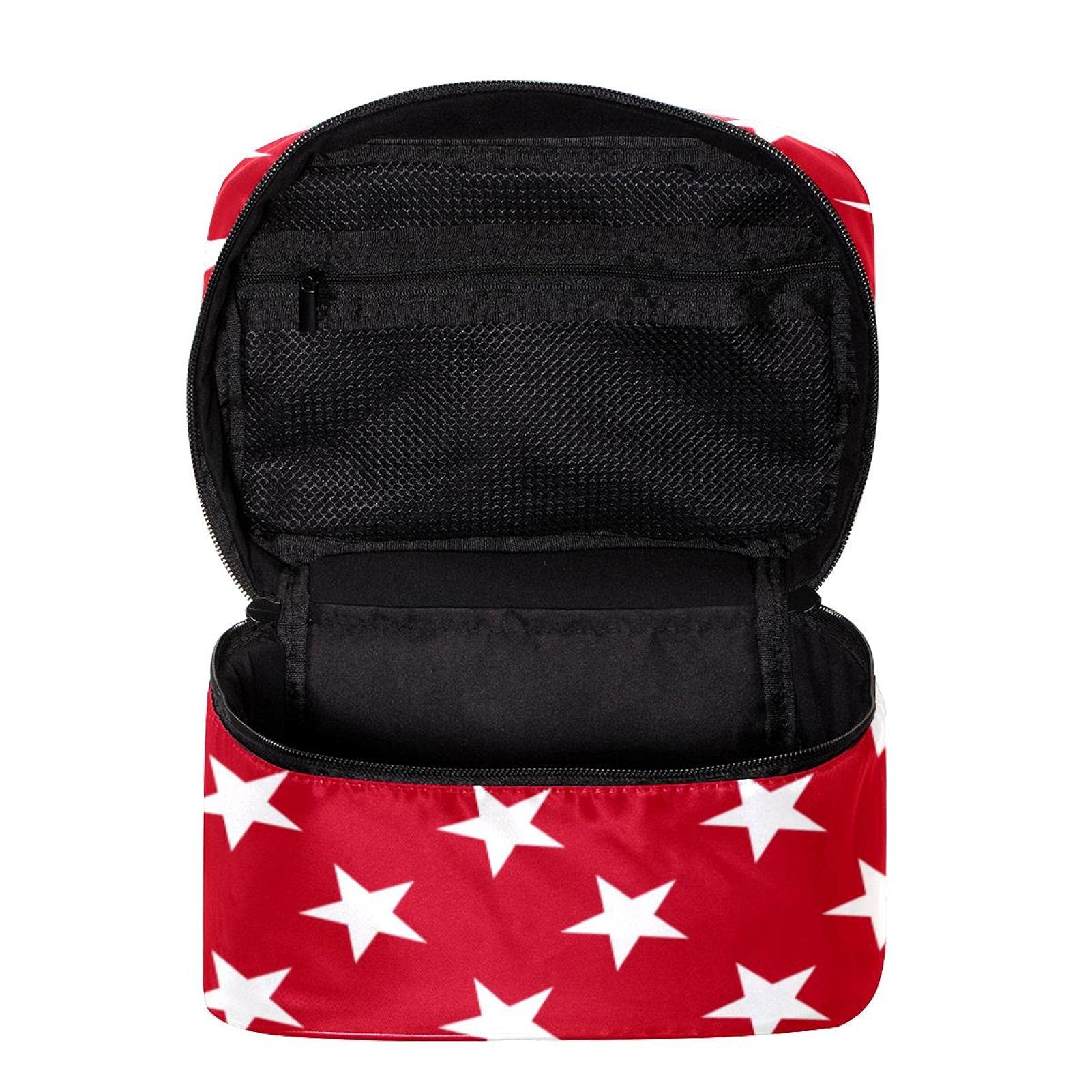 White Stars Red Pattern Large Travel Makeup Bag - Cosmetic Organizer Case with Zipper for Women & Girls | Perfect for Vacation, Gym, and Daily Essentials Storage
