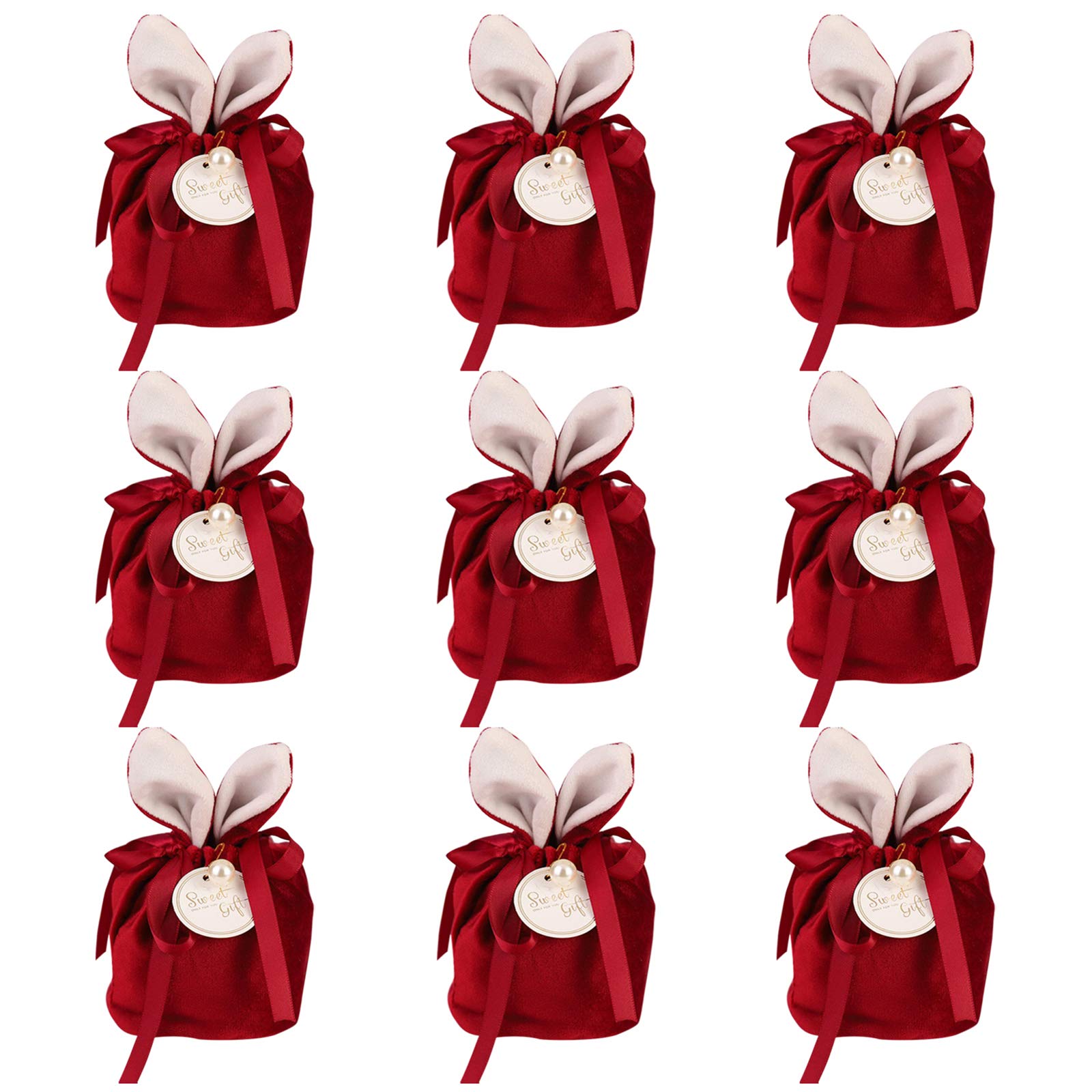 VIDELLY 9-Piece Easter Bunny Gift Bags Set - Velvet Drawstring Pouches 3x4 inch for Easter Basket Stuffers, Party Favors & Candy Treats | Rabbit Ear Design Flannel Gift Wrap Bags (Wine Red) - Perfect for Easter Celebrations, Birthday Parties & Holiday Gift Giving