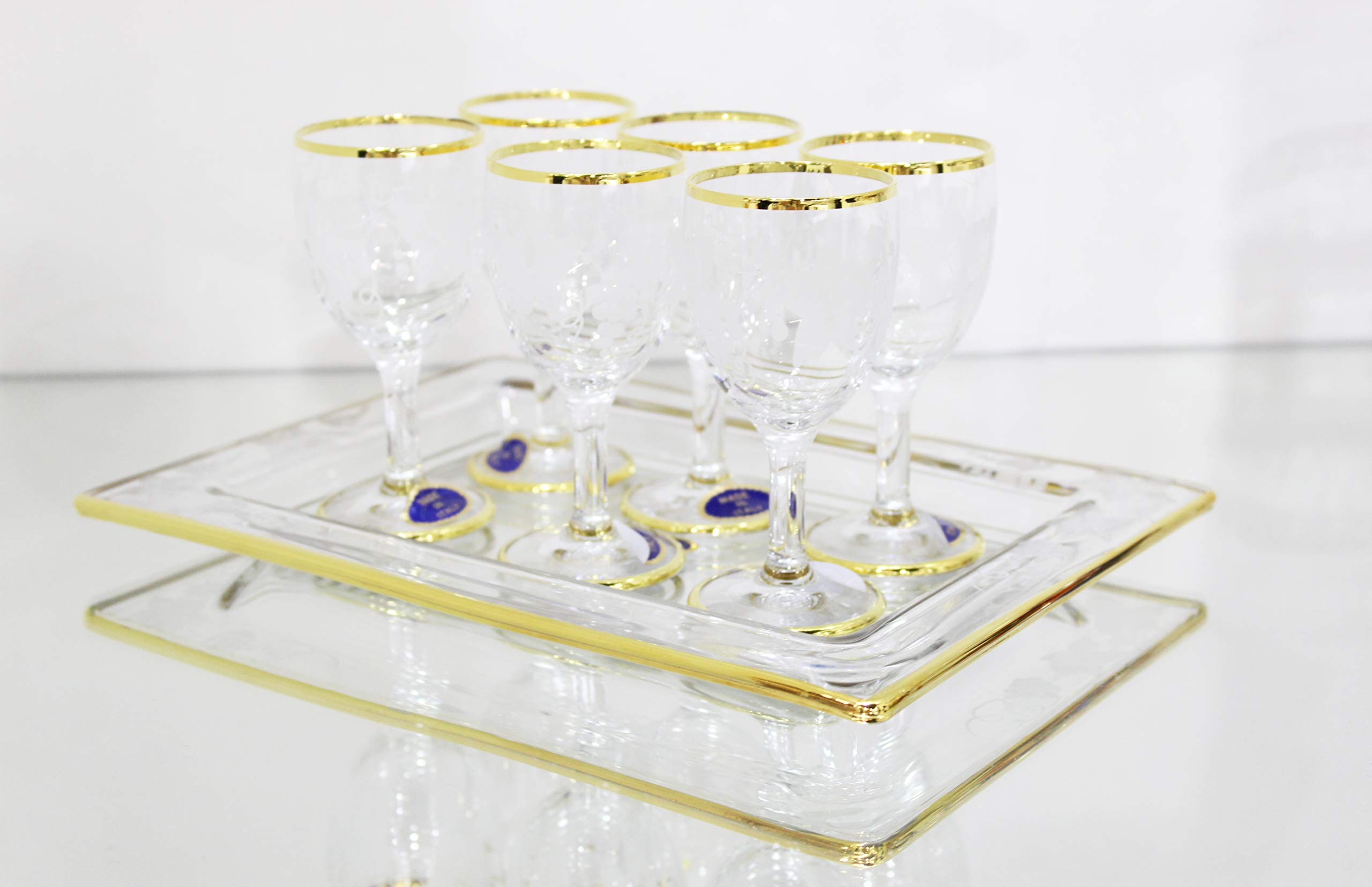Premium UNIWARE® 7-Piece Designer Glass & Tumbler Gift Set with 24K Gold Coating - Italian Crafted Liquor Glasses & Serving Tray - Elegant Barware for Cocktail Parties, Weddings & Home Entertaining