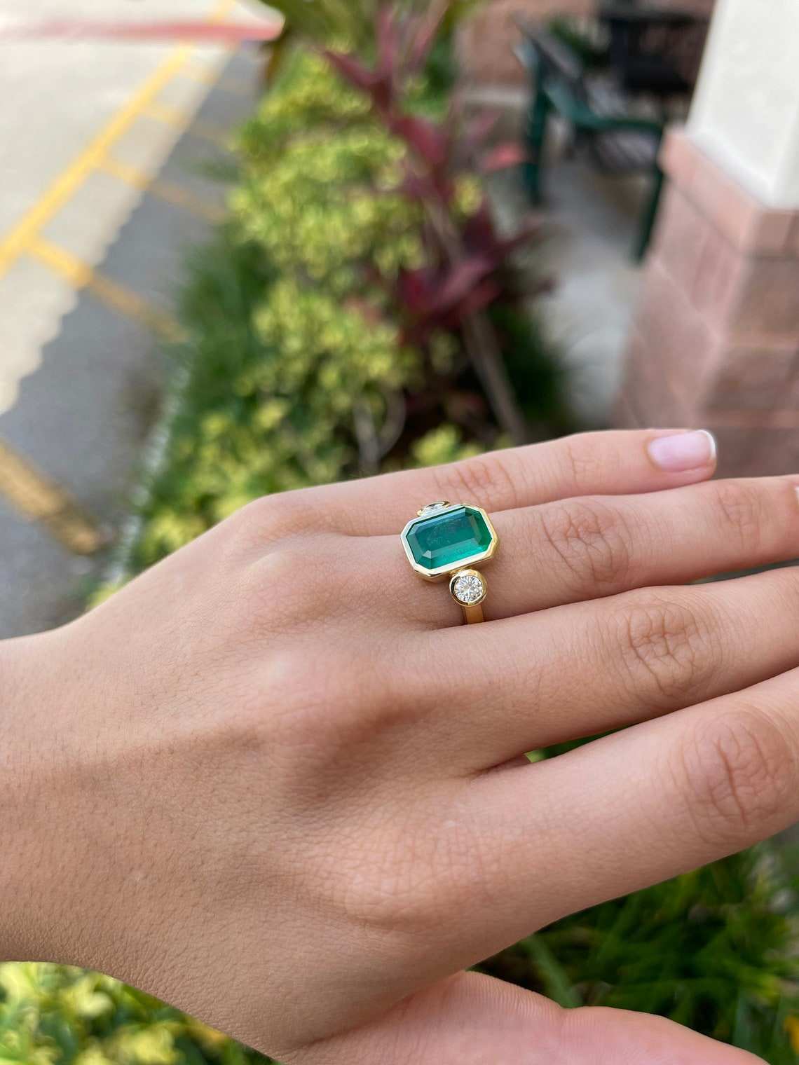 4.16tcw Three Stone Dark Green Heirloom Emerald & Diamond Bezel Ring in 18K Gold - Vintage Style Jewelry for Weddings, Anniversaries & Special Occasions
