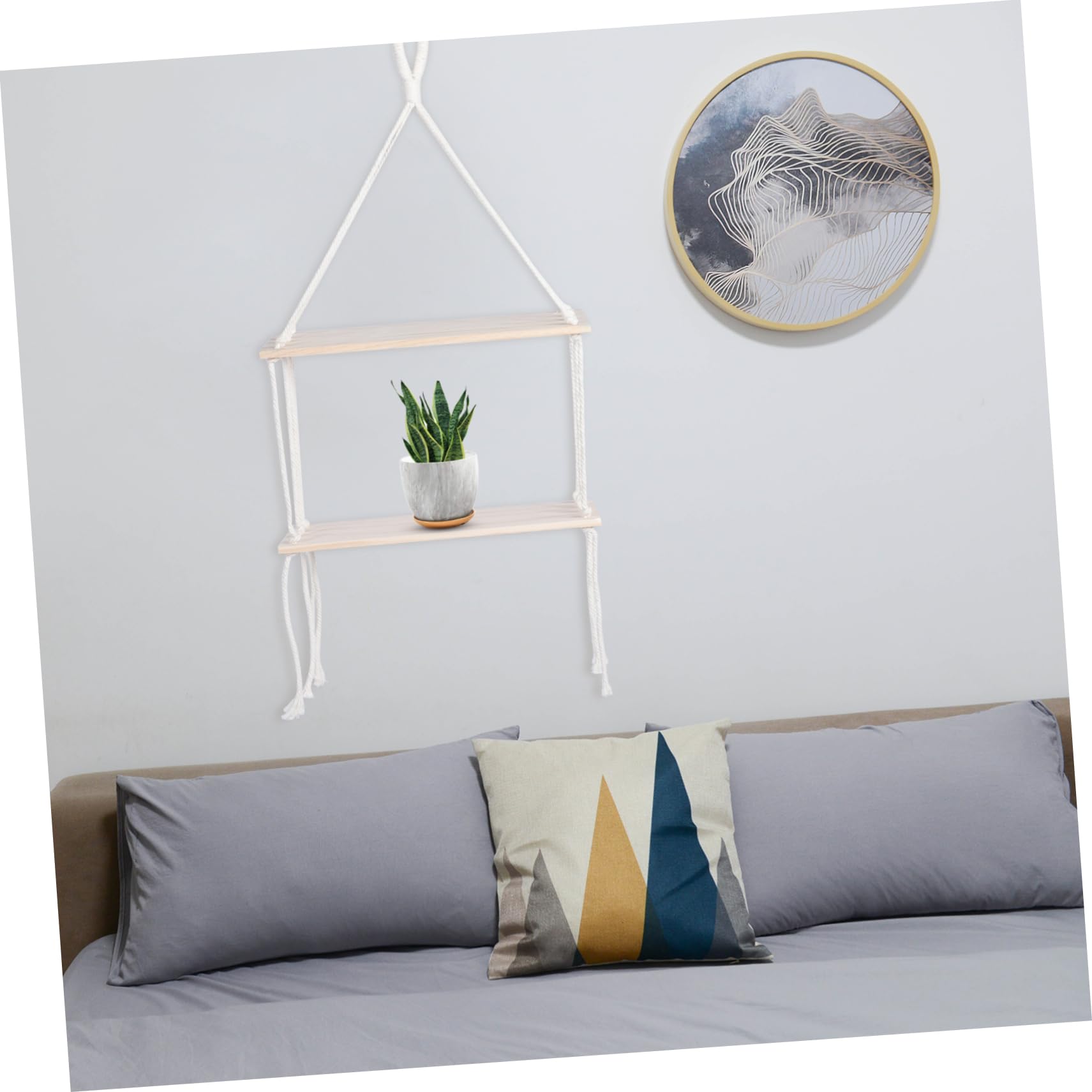 OFFSCH 1pc Macrame Plant Shelf - White Wood Hanging Pot Rack for Indoor Plants, Small Home Decor with Boho Style | Perfect for Living Room, Bedroom, or Kitchen Plant Display