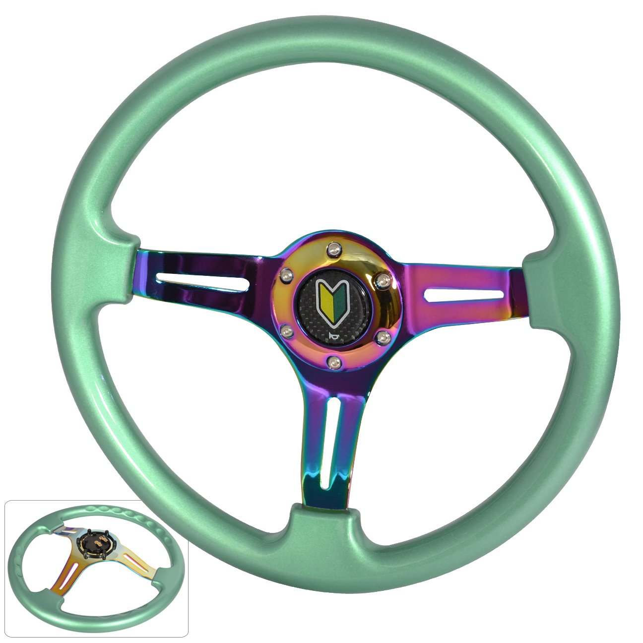 Universal 350mm 6-Bolt Heavy Duty Steering Wheel - Lightweight Green Trim with Neo Chrome Center & Wakaba Leaf Design | JDM Style for Racing & Drifting | Perfect for Honda, Toyota, Nissan Sports Cars & Custom Builds