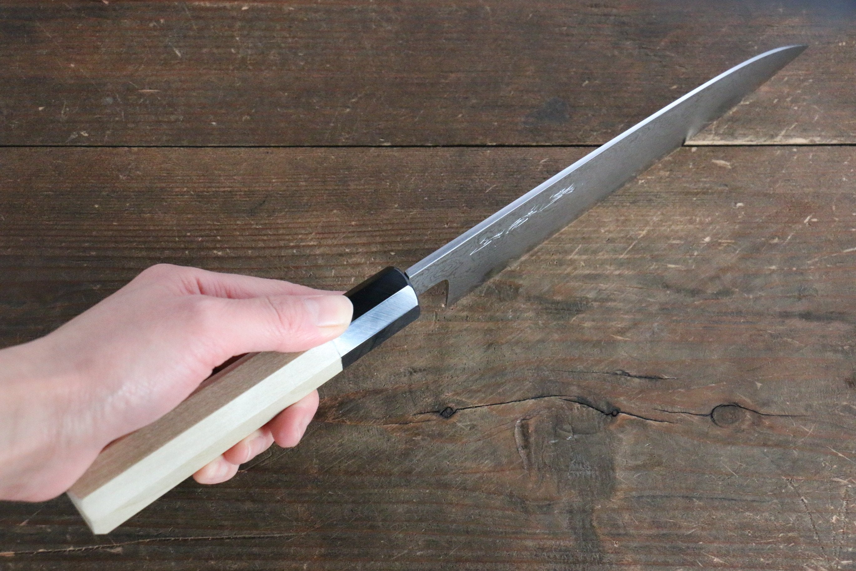 Premium Kikumori Blue Steel No.1 Damascus Santoku Knife 180mm with Magnolia Wood Handle - Japanese Chef Knife for Slicing, Dicing & Chopping Vegetables, Meat & Fish