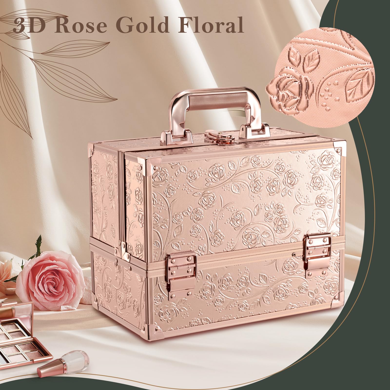 FRENESSA 11.8 Inch Extra Large Makeup Train Case with Mirror - 3-Tier Cosmetic Organizer for Makeup Artists, Nail Tech & Sewing Supplies - Rose Gold Floral Travel Storage Box | Perfect for Professional Salon Use, Travel & Home Organization