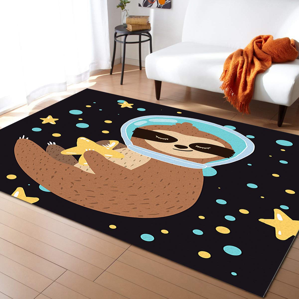 SlothSoft 5' x 8' Area Rugs for Bedroom, Kids Room, Nursery & Living Room - Funny Sleeping Sloth with Outer Space Star Cosmos Design - Soft Non-Slip Floor Mat for Home Decor (Perfect for Playrooms, Dorm Rooms & Cozy Spaces)
