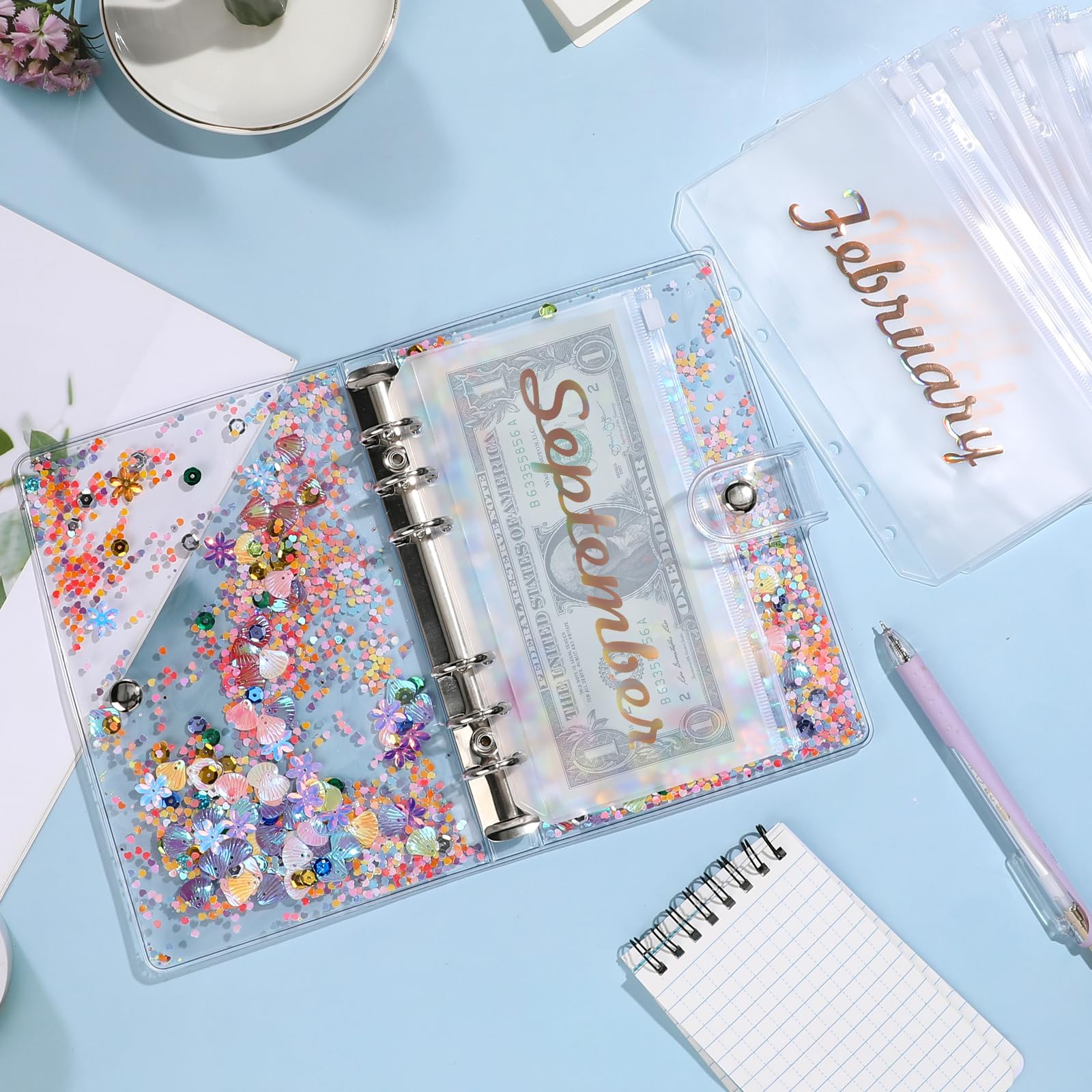 NEW A6 Glitter Budget Binder with Monthly Zipper Cash Envelopes - PVC Money Saving Planner with 6-Ring Sequin Cover & Plastic Pockets - Perfect for Cash Stuffing Challenges & Personal Finance Organization