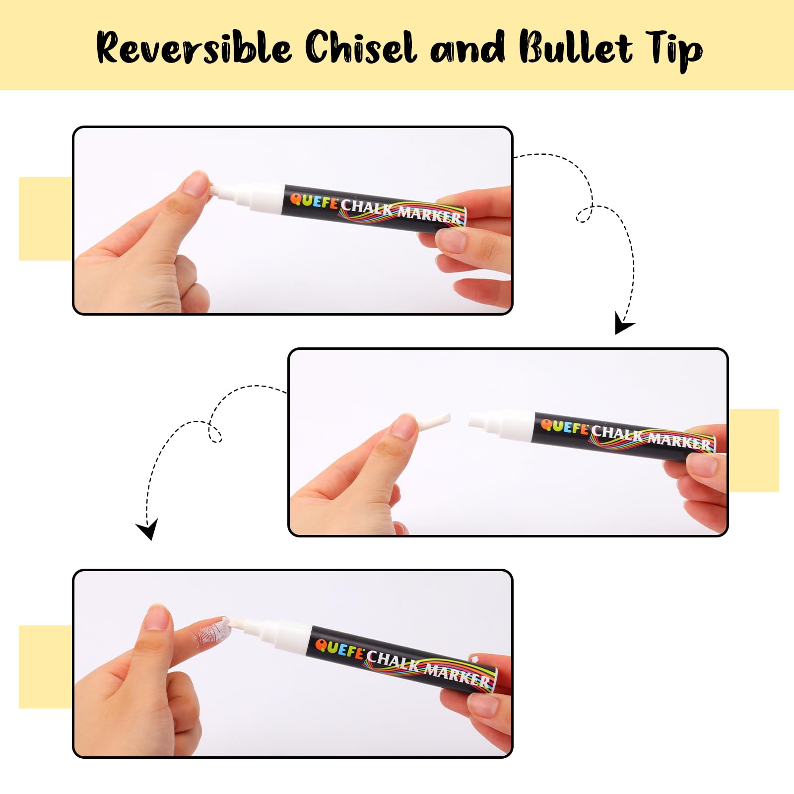 QUEFE 8 Pack Chalk Markers Set - 3mm, 6mm, 10mm Reversible Tip Liquid Chalk Pens for Blackboard, Glass & Mirrors | Dry Erase Markers for Windows, Restaurants, Classrooms & DIY Crafts