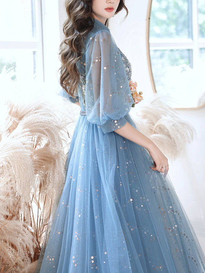 Elegant Blue Tulle Lace Sequin Long Prom Dress - A-Line Evening Gown for Formal Events, Homecoming, and Special Occasions