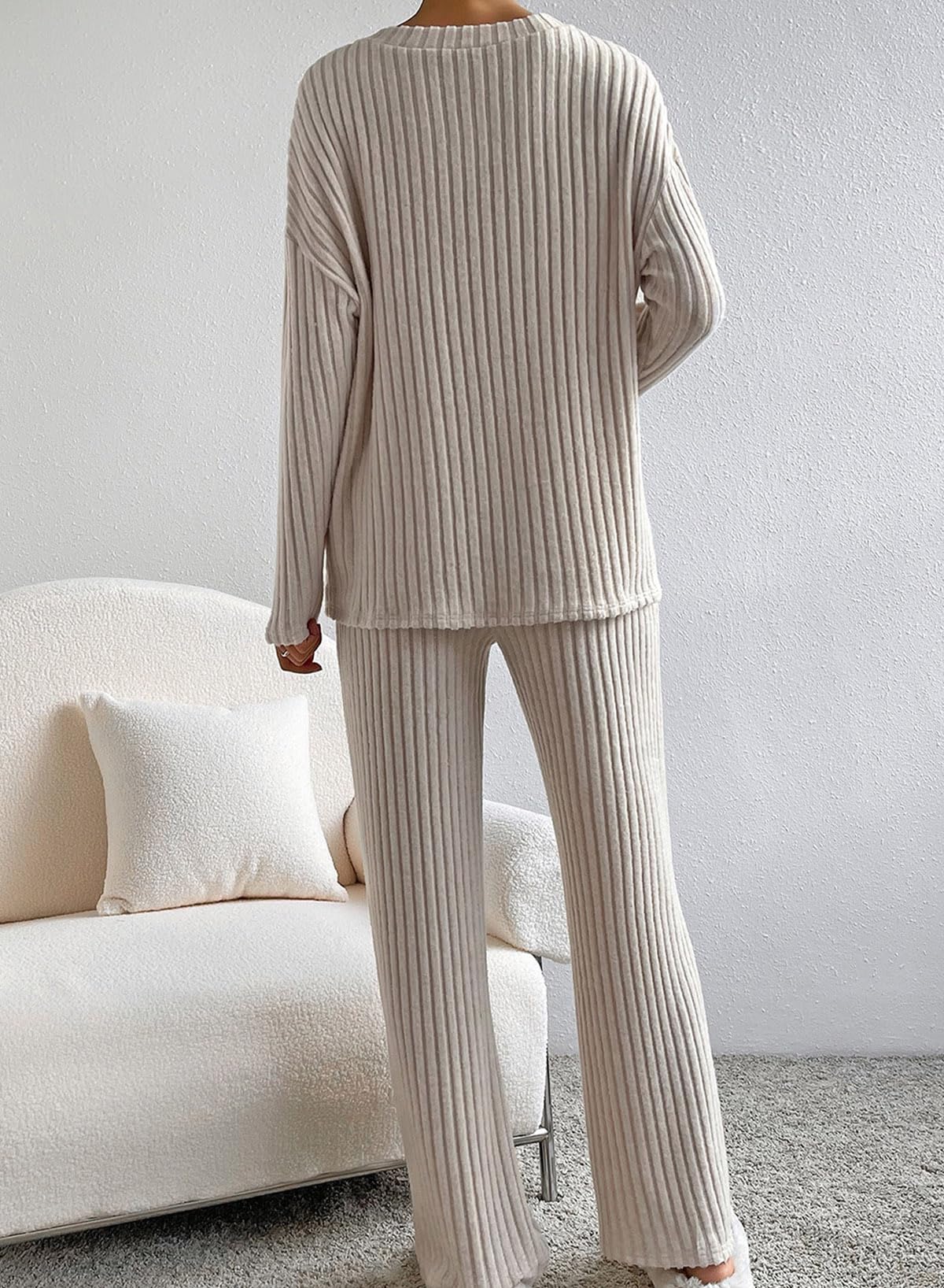 SHEWIN Women's Pajama Sets - Long Sleeve & Short Sleeve 2-Piece Lounge Outfits, Ribbed Knit Sweater Sleepwear for Comfortable Nights & Relaxing at Home