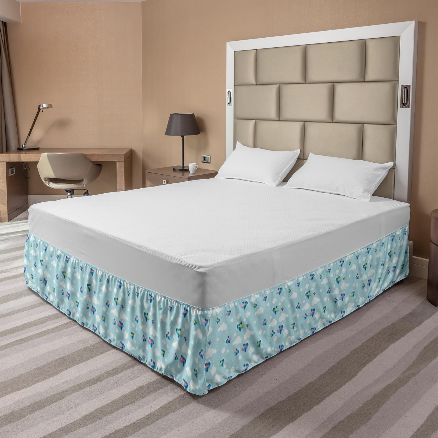 Ambesonne Airplane Elastic Bed Skirt - Cartoon Sky with Clouds & Airplanes Design, Wrap Around Dust Ruffle for Queen Size Beds - Pale Blue White Pink | Perfect for Kids' Bedrooms, Nursery Decor & Aviation-Themed Bedrooms