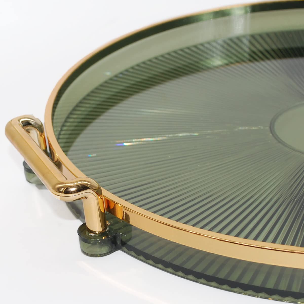 Modern Round Plastic Decorative Tray with Gold Handles - 11.61 Inch Serving Tray for Jewelry, Makeup & Perfume Storage | Vanity Organizer & Home Decor Display | Perfect for Bathroom Countertops, Dresser Tops & Coffee Table Decor