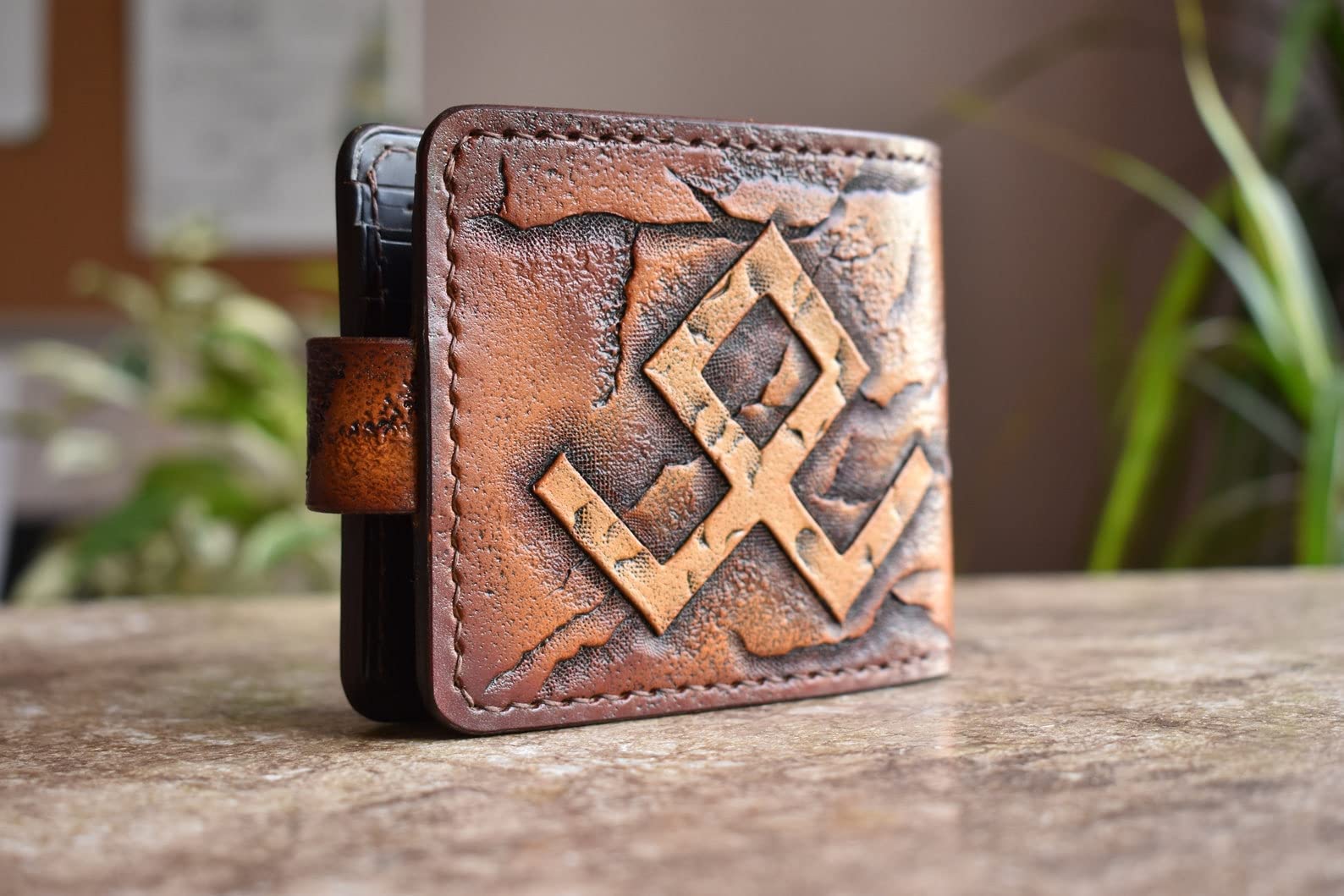 Handmade Men's 3D Genuine Leather Wallet - Custom Carved & Tooled Biker Wallet with Airbrush Art & Runes Design - Perfect for Motorcycle Enthusiasts & Gift Giving