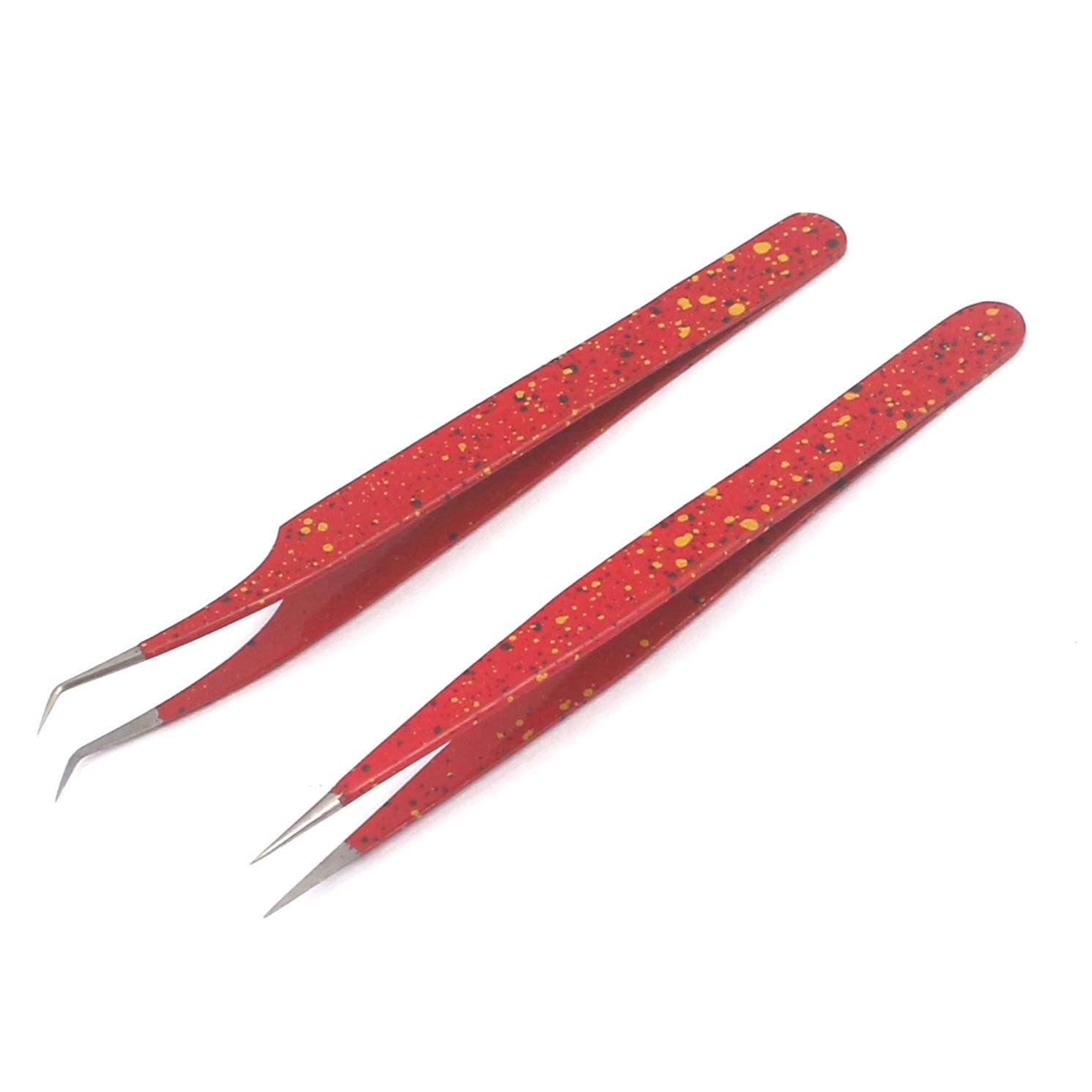 Professional Eyelash Extension Tweezers Set - 2 Pieces Straight & Curved Tip Stainless Steel Tweezers for False Lashes Application (Red & Black) - Perfect for Salon, Spa & Home Use