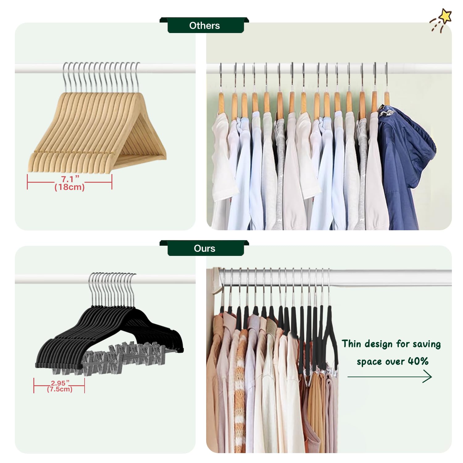 Stormix 18 Pack Velvet Non-Slip Pants Hangers with Clips - Heavy Duty Clothes Hangers for Shorts, Skirts, Dresses, Jackets & Coats - Perfect for Closet Organization & Wardrobe Storage (Black)