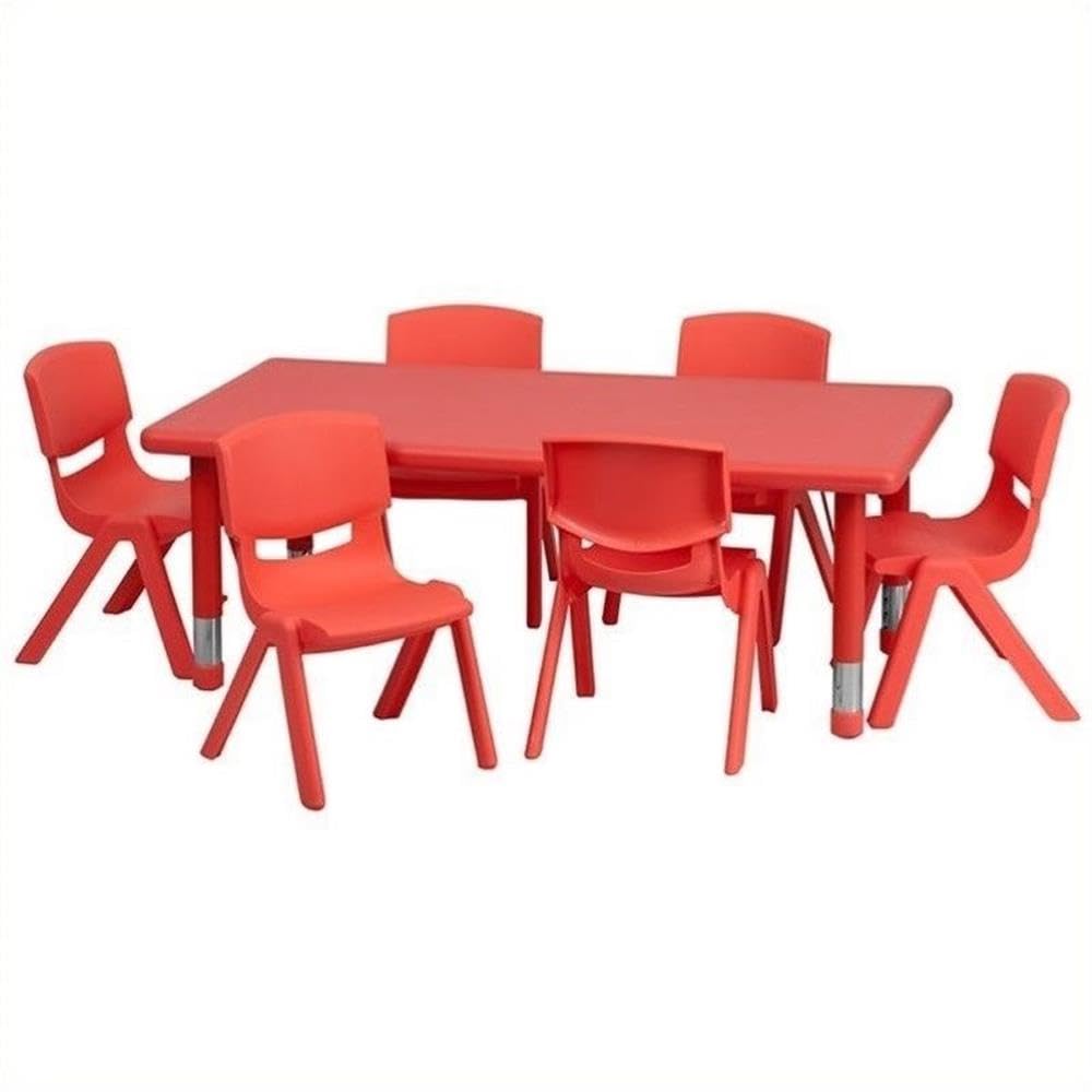 BOWERY HILL 7-Piece Kids Plastic Activity Table and Chairs Set - Red Rectangular Play Table for Classroom, Daycare, Playroom & Home Learning