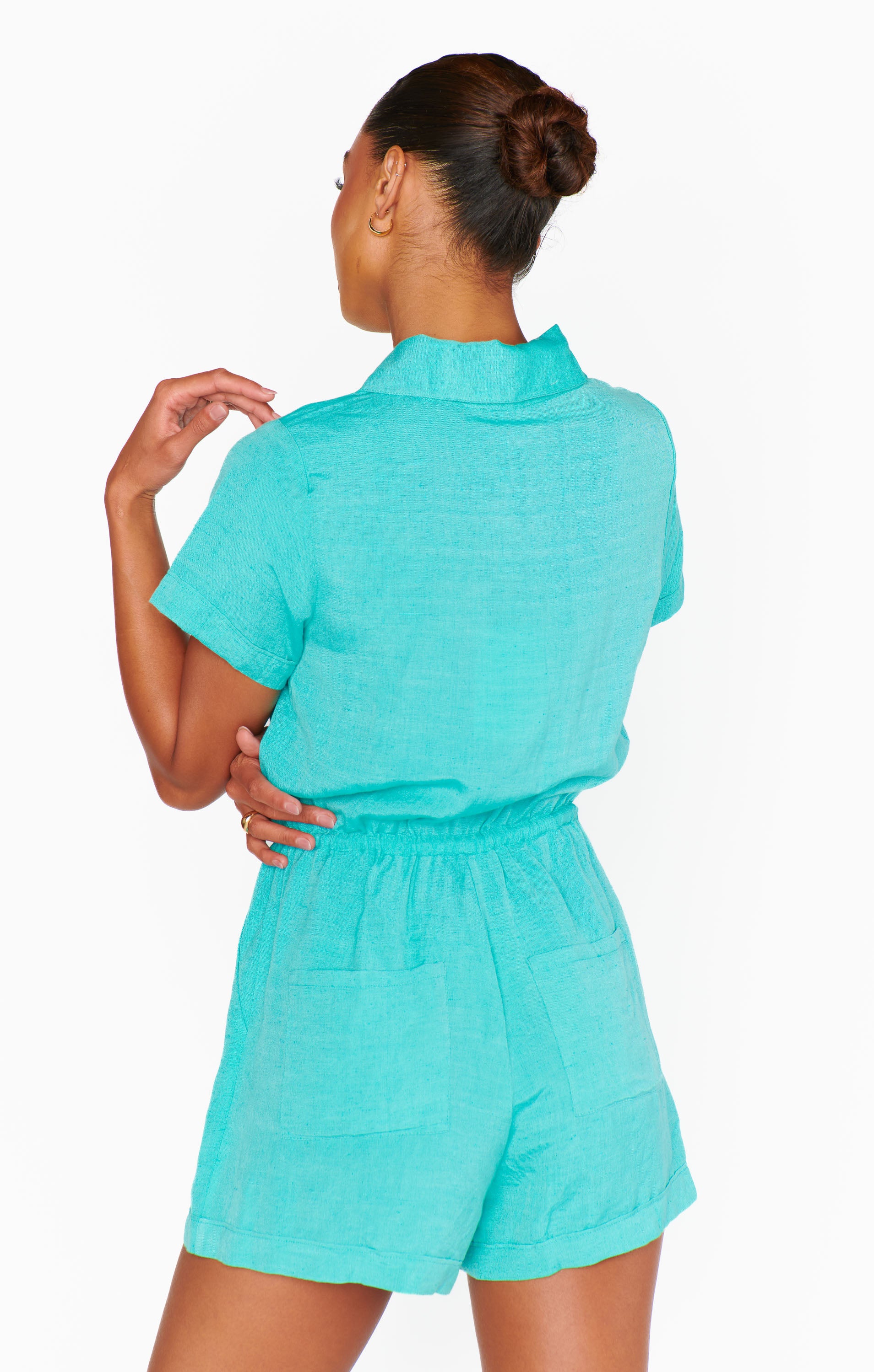 Teal Linen Daylight Romper - Women's Summer Casual Jumpsuit with Pockets | Perfect for Beach Outings, Picnics, and Weekend Brunch