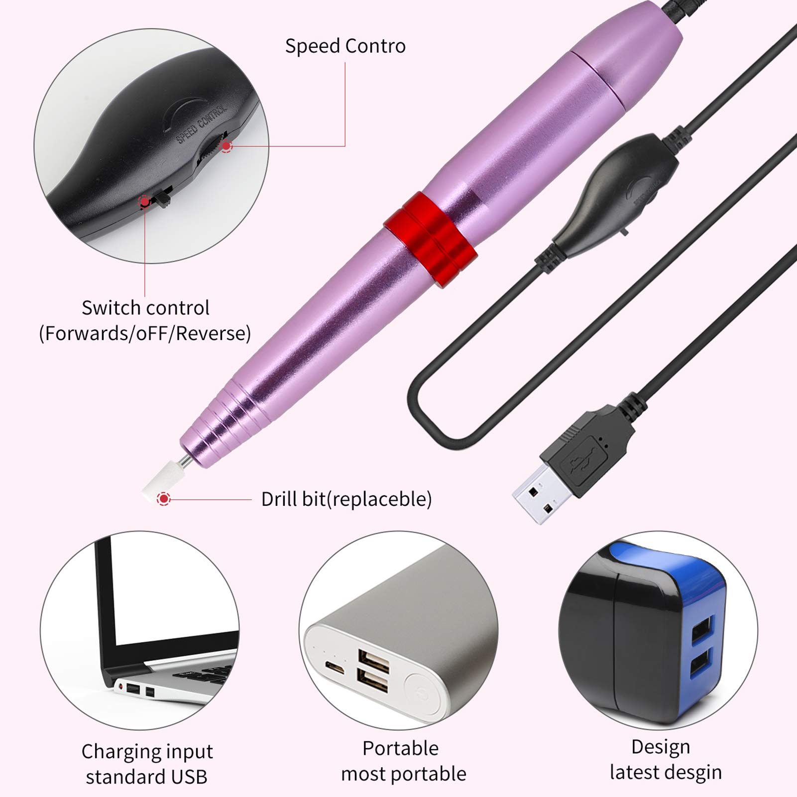 Anjetan Electric Nail File Set - Professional USB Nail Drill Machine for Manicure & Pedicure, Nail Art Tool Kit with Multiple Bits for Home & Salon Use - Perfect for DIY Nail Care and Polish Application