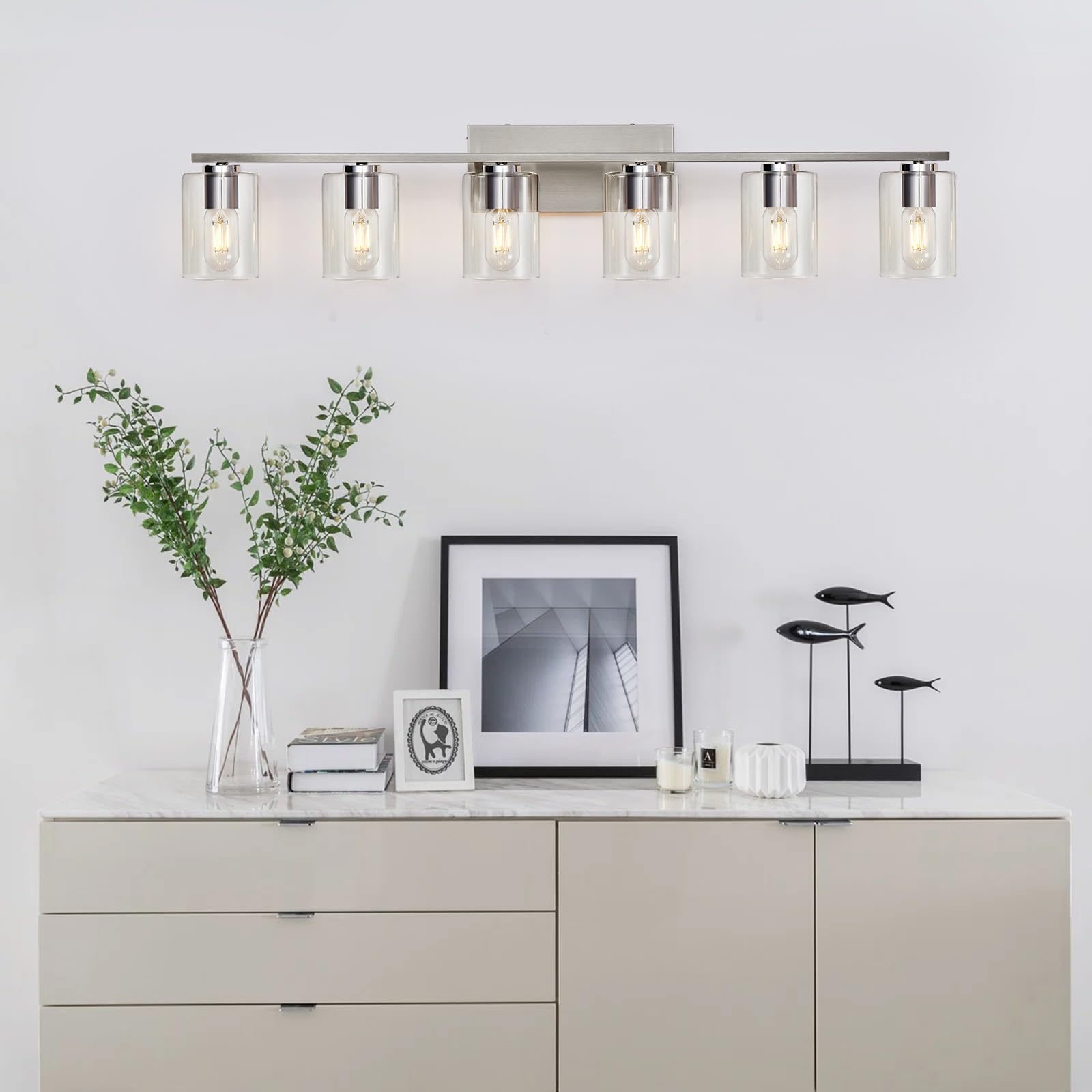 6-Light Brushed Nickel Bathroom Vanity Lighting Fixture with Clear Glass Shade - Modern Mirror Lights for Bathroom, Powder Room & Dressing Area - Perfect for Makeup, Shaving & Grooming