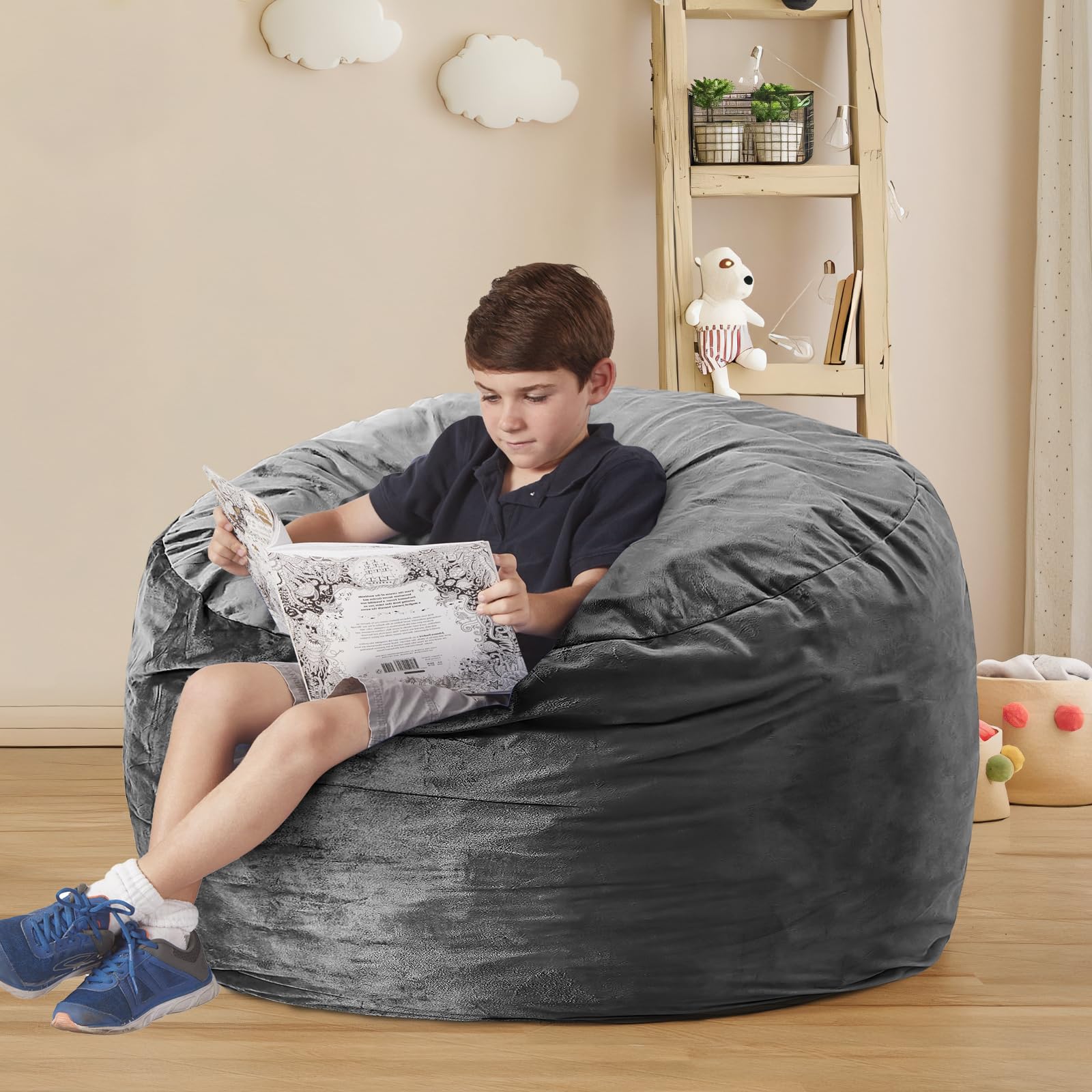 3 Feet Bean Bag Chair for Adults - Soft Microfiber Cover, Round Fluffy Couch for Living Room, Bedroom & College Dorm - Grey | Comfortable Seating for Relaxing, Gaming & Lounging