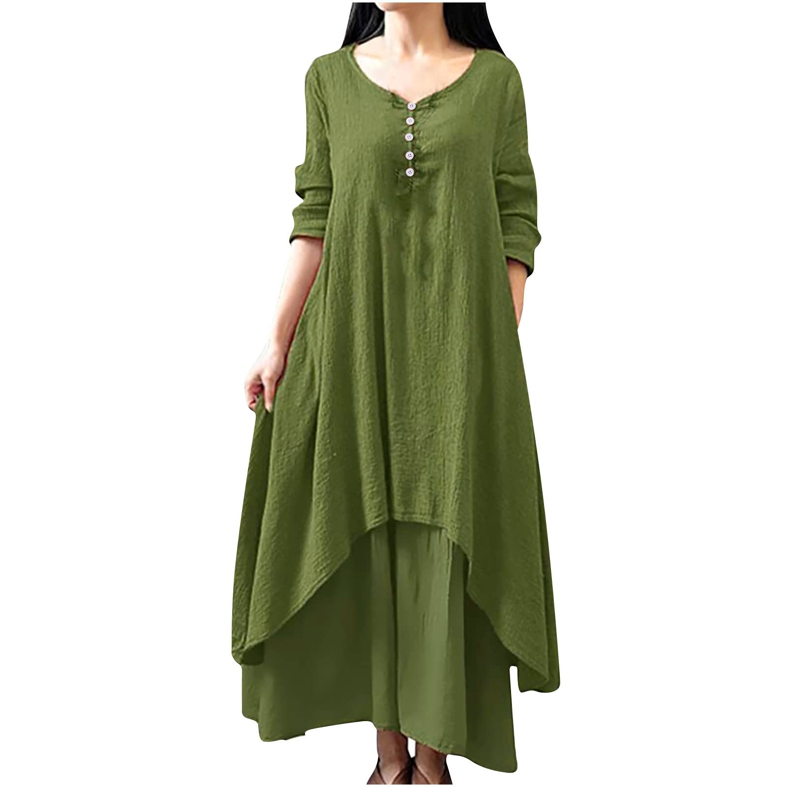 Women's Summer Sundresses 2022 - Plus Size Round Neck Long Dress with Half Sleeves, Button Details & Elastic Waist | Flowy Ruffle Swing Mini Dress for Beach, Vacation & Casual Outings