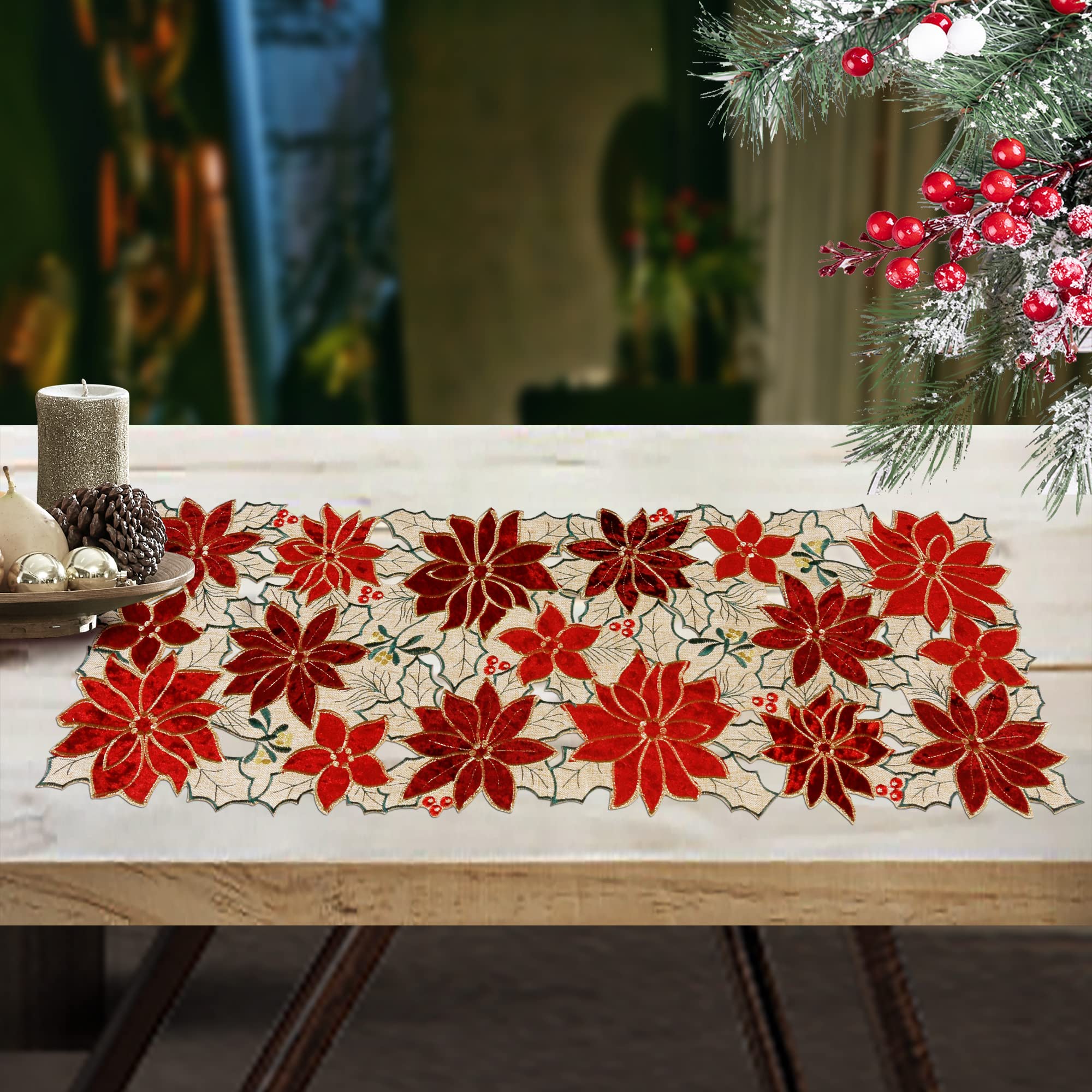 OWENIE Christmas Table Runner - 36 Inch Embroidered Red Poinsettia Linen Tablecloth with Velvet Flower Applique for Holiday Dining Table Decor | Perfect for Christmas Dinner, Party Decorations & Festive Home Decor