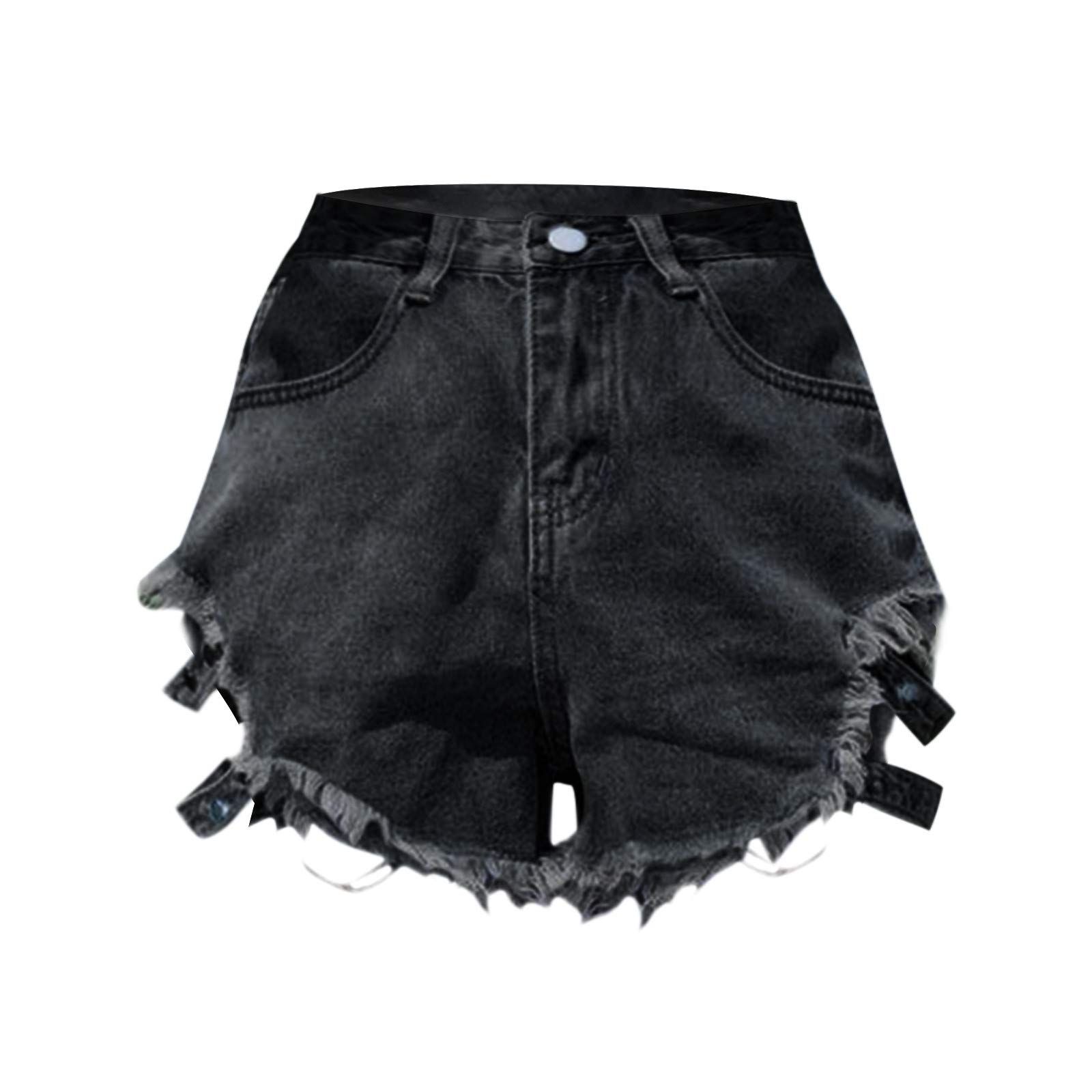 Y2K High Waisted Ripped Jeans for Women - Stretchy Straight Leg Raw Hem Denim Shorts | Comfortable Summer Hot Pants for Casual Wear, Beach Outings & Street Style Fashion