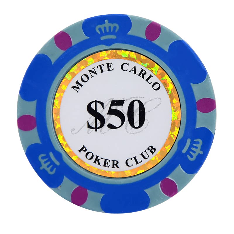 Premium 14 Gram Clay Poker Chips - Monte Carlo Style (Pack of 50) for Casino Nights, Home Poker Games & Poker Tournaments