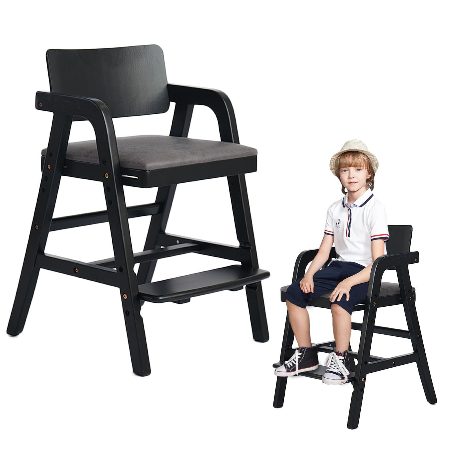 **Solid Wood Toddler High Chair - Adjustable Height Baby Dining & Study Chair for Kids - Perfect for Mealtime, Learning & Play at Home**