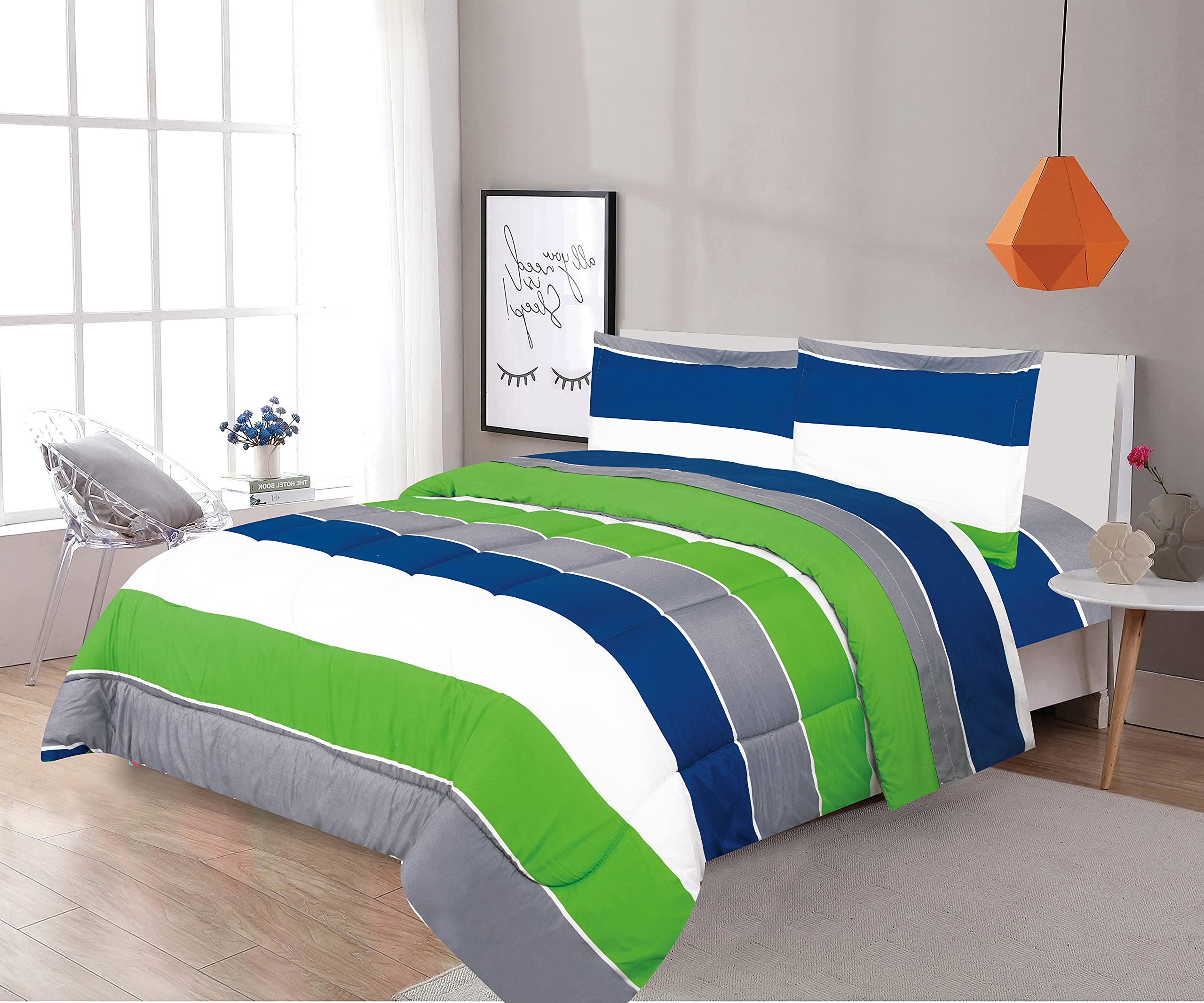Premium Kids' Bedding Set - 5-Piece Toddler Comforter Set with Shams for Boys & Girls | Twin Size Soft Bed Sheets in Green, Gray & Blue Stripes | Cozy Nursery & Sleepover Essentials
