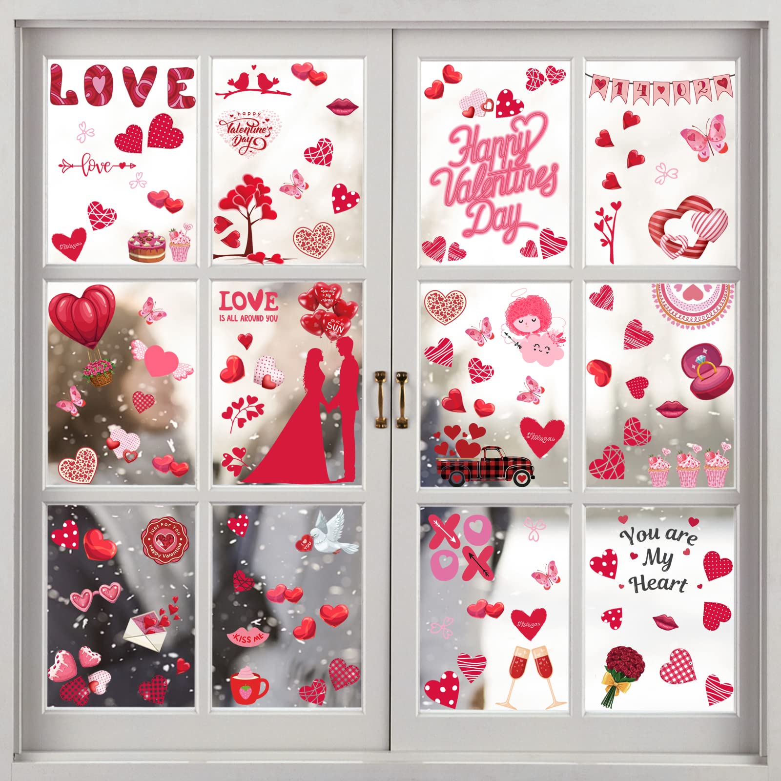 Valentine's Day Window Clings Decorations - 8 Sheets Heart-Themed Stickers for Home, Party, Birthday, Wedding & Anniversary - Perfect Valentine Gifts for Kids, Couples & Classroom Decor