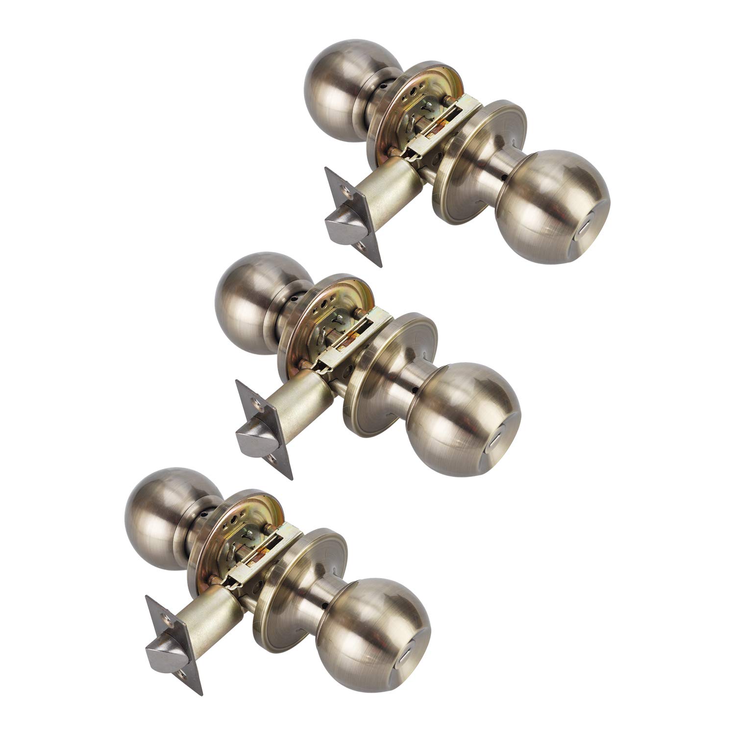 (3-Pack) Antique Brass Round Door Knob Lock Set - Privacy Bedroom & Bathroom Interior Door Handle - Vintage Style Hardware for Home, Office, and Hotel Use