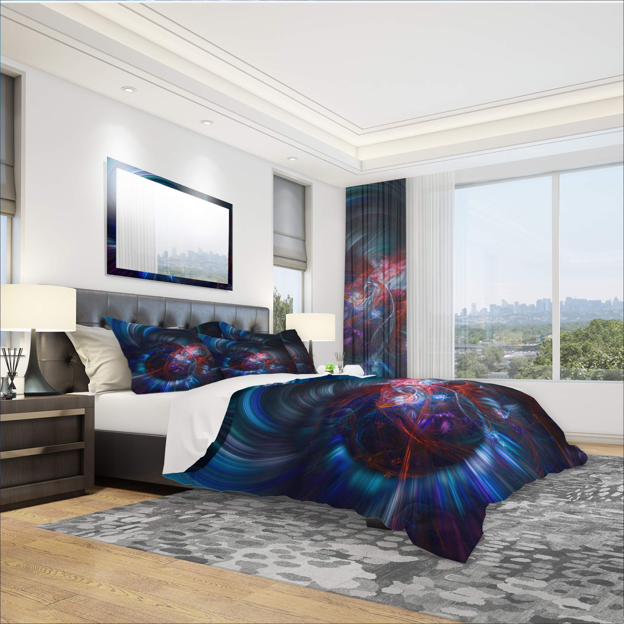 Modern Abstract Blue Fractal Flower Duvet Cover Set - Twin Size 3-Piece Bedding, Light & Dark Blue Contemporary Design for All Seasons | Perfect for Guest Rooms, Dorms & Cozy Bedrooms