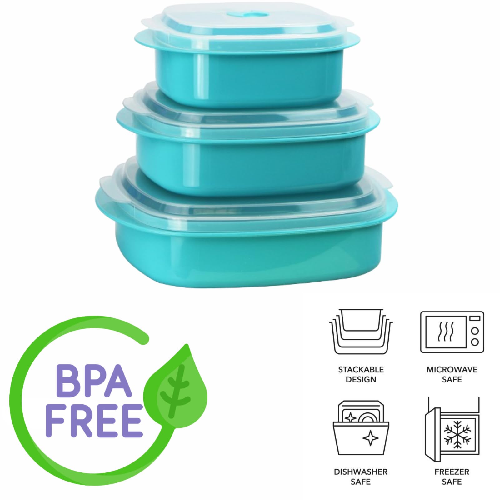 Reston Lloyd Calypso Basics 6-Piece Microwave Cookware Set - Steamer & Food Storage Containers, Turquoise (Multiple Sizes) - Perfect for Meal Prep, Reheating & Leftovers
