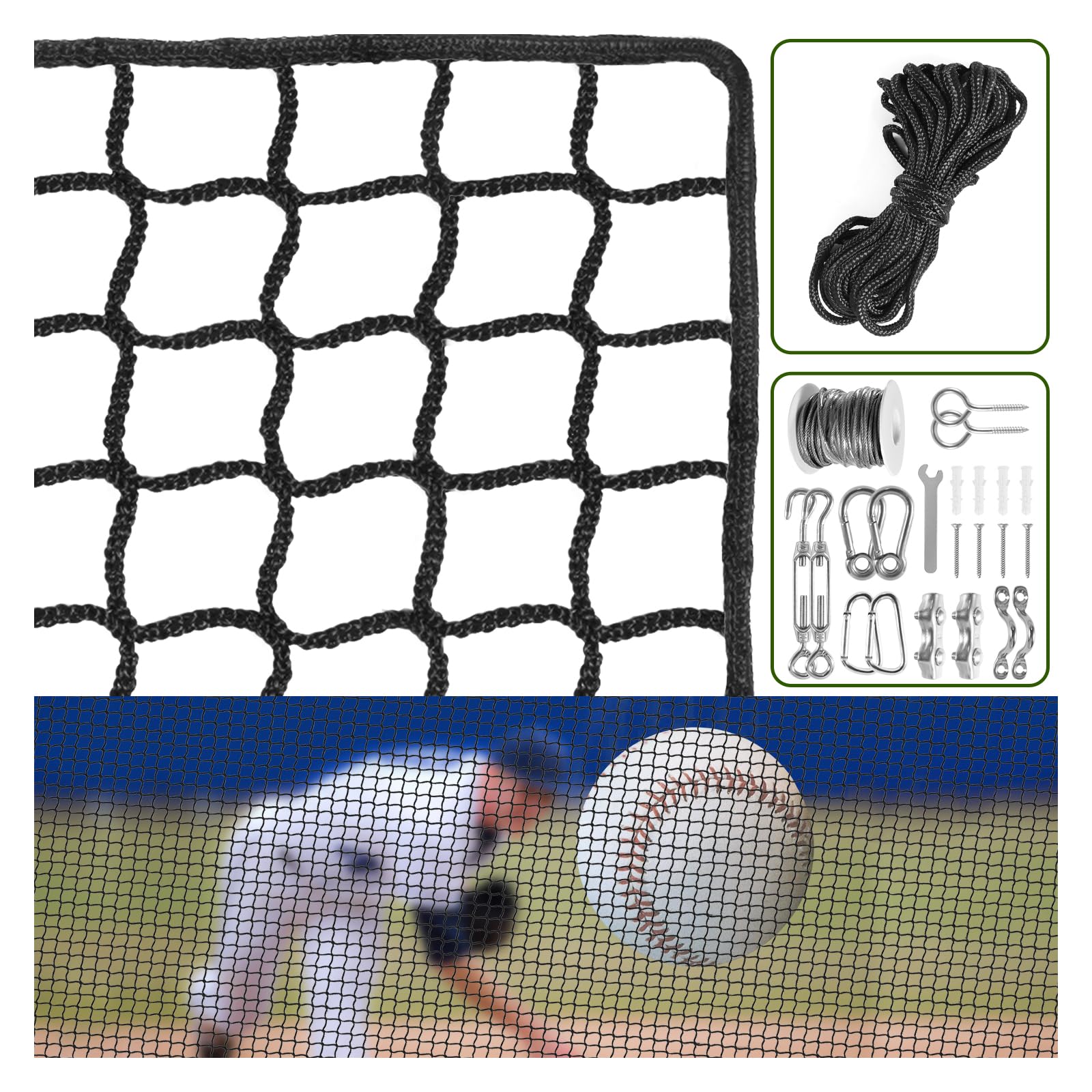 Heavy Duty NQB Baseball Softball Backstop Net - 33FT Rope & Steel Hanging Kit for Baseball, Basketball, Sports Training - Perfect for Backyard Practice, Field Protection, and Gymnasium Safety