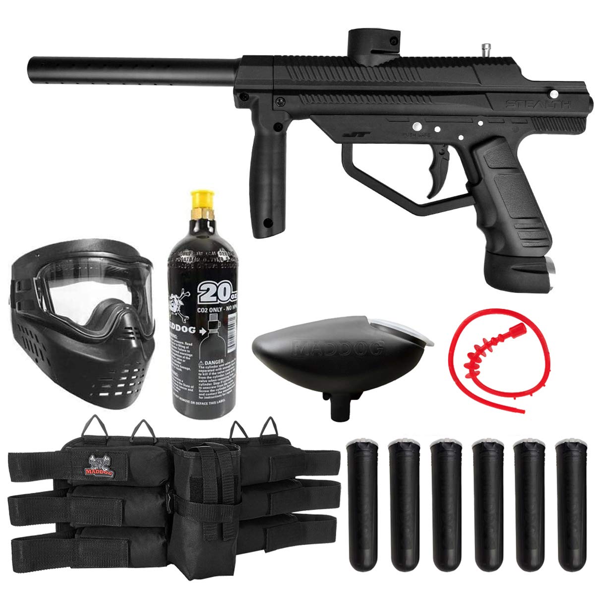 Maddog JT Stealth Semi-Auto .68 Cal Titanium Paintball Gun Kit with Goggles & Hopper - Perfect for Woodsball, Speedball & Outdoor Paintball Games