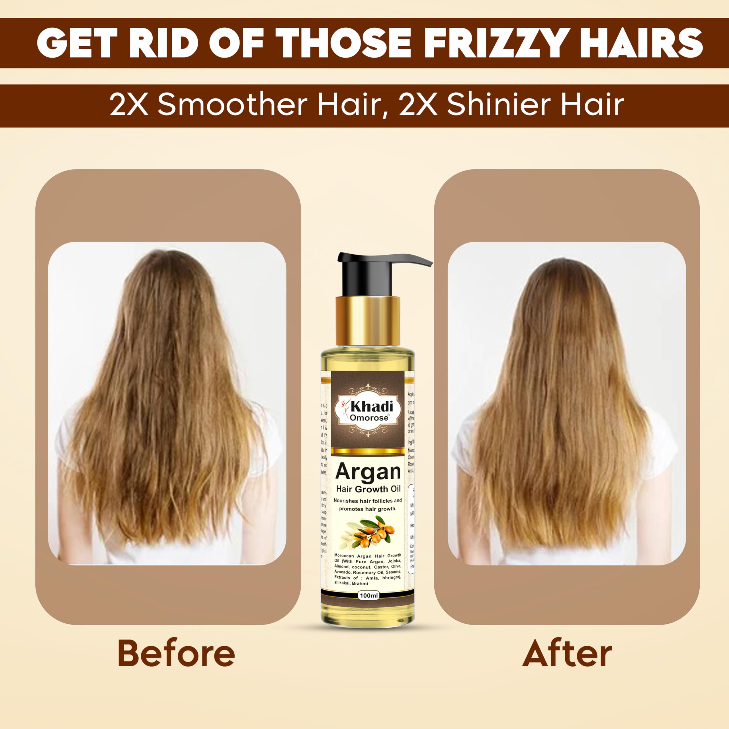 Khadi Omorose Argan Hair Oil - 100ml Natural Hair Treatment with Argan, Jojoba, Almond, Castor, Olive & Sesame Oils - Reduces Hair Fall, Adds Shine & Strengthens Hair - Perfect for Daily Hair Care & Styling