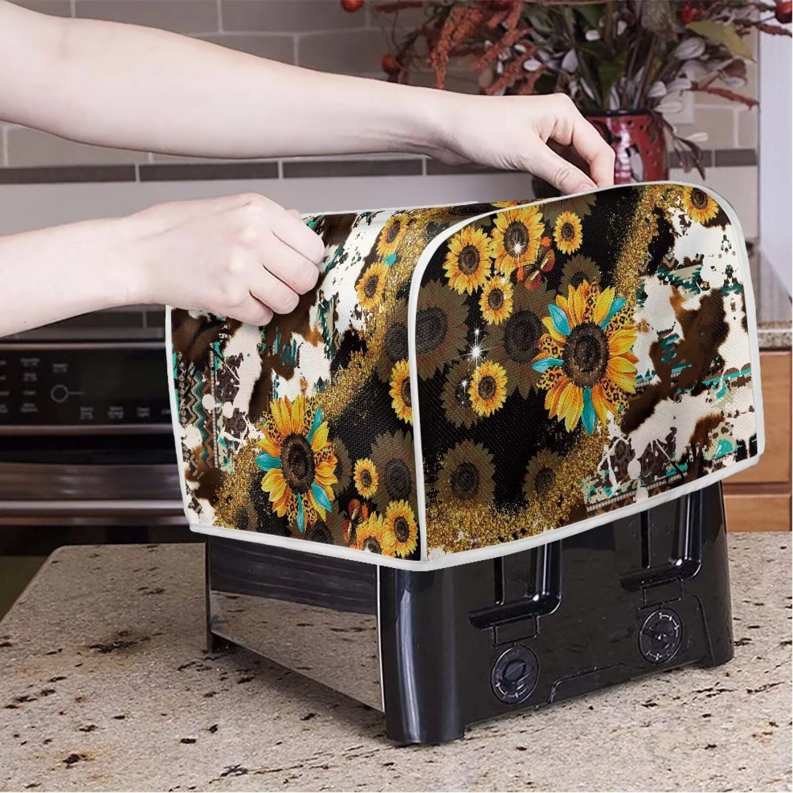 Mumeson Cow Sunflower Toaster Cover for 2 Slice Toaster Oven - Kitchen Appliance Dust Protector for Bread Maker & Small Appliances - Perfect for Farmhouse & Country Style Kitchen Decor