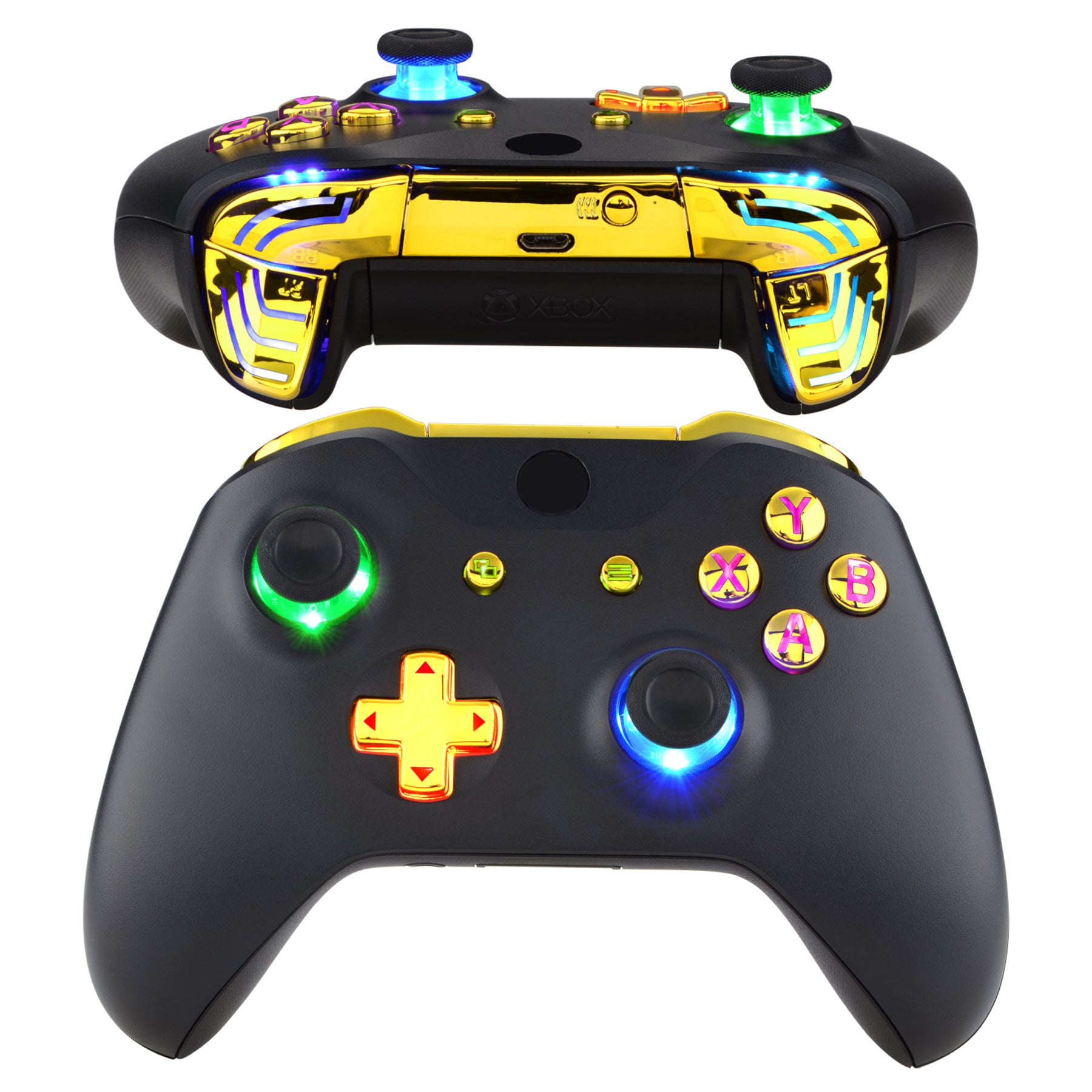 eXtremeRate Chrome Gold LED Button Kit with Multi-Color Illuminated D-Pad, Thumbsticks & ABXY Buttons for Xbox One S/X Controller - Classic Symbols, DTF 2.0 Technology (Controller Not Included) - Perfect for Gaming, Streaming & Custom Controller Builds