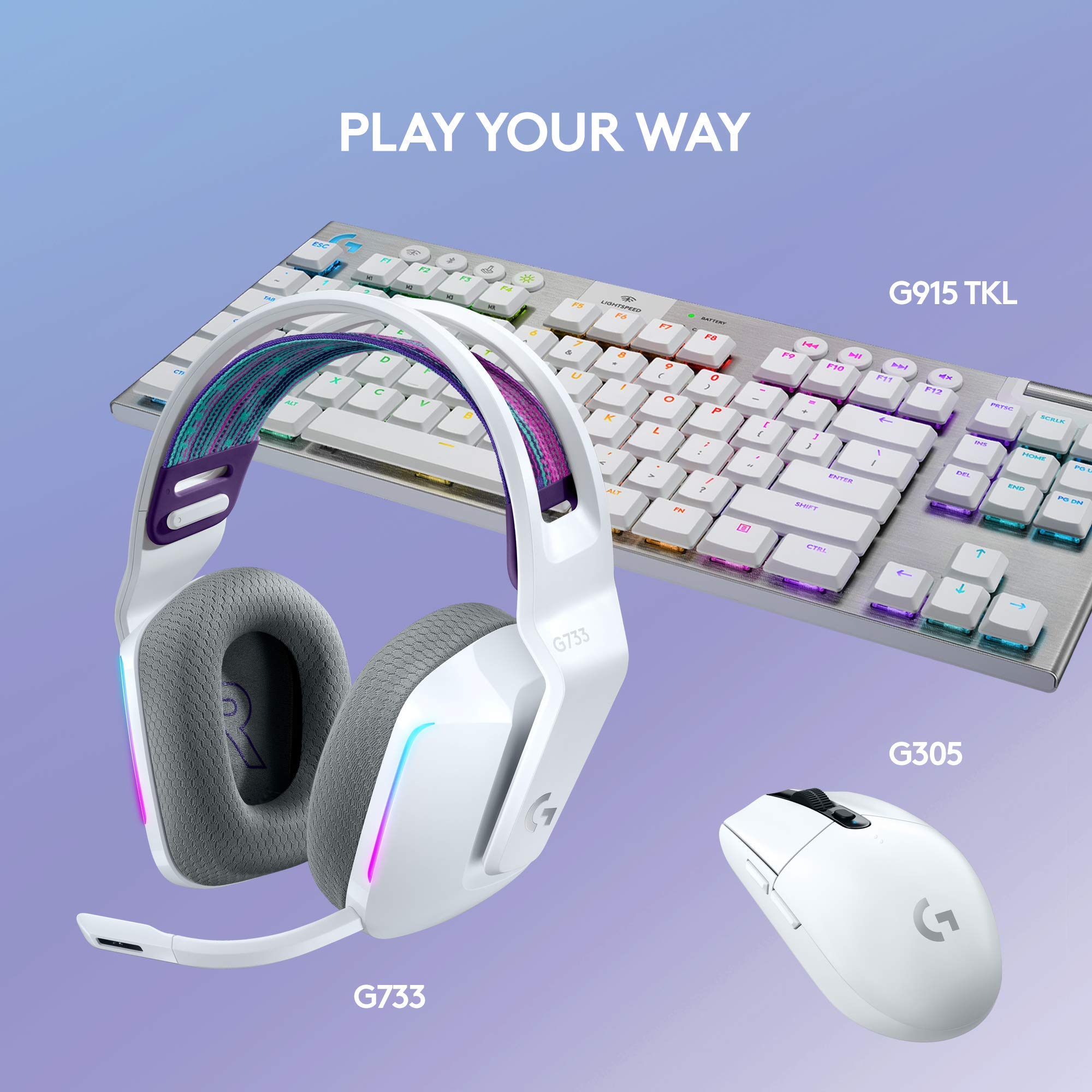 Logitech G733 LIGHTSPEED Wireless Gaming Headset with Suspension Headband, LIGHTSYNC RGB, Blue VO!CE Mic Technology & PRO-G Audio Drivers - White | PC, PS5, Xbox Series X|S Compatible for Immersive Gaming & Streaming