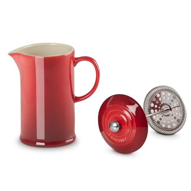 Le Creuset 1 Liter French Press Coffee Maker - Cerise Red Enameled Stoneware for Home, Office & Camping Use