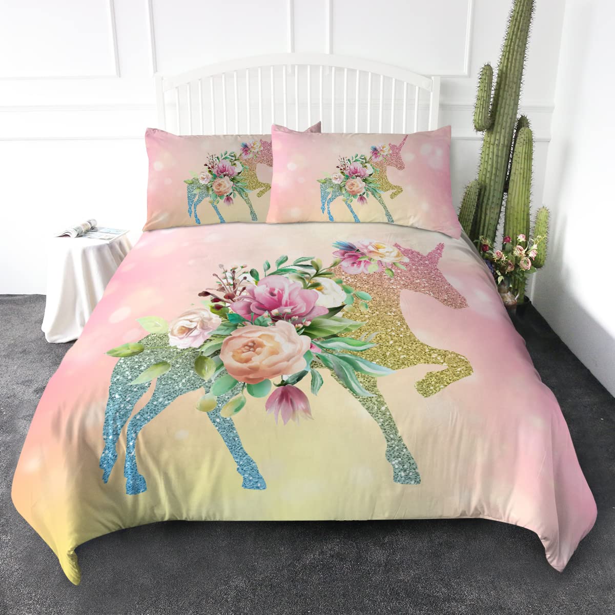 Unicorn King Bedding Set - Pink Green Glitter Duvet Cover for Girls' Room Decor
