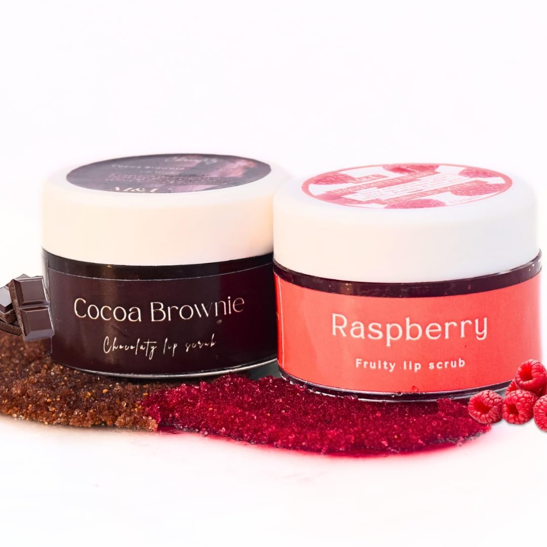 M&U Vegan Lip Scrub Combo Pack - Cocoa Brownie Chocolate & Raspberry Slush Fruity Exfoliator | 100% Natural Treatment for Dry, Chapped Lips | Men & Women | Perfect for Winter Care & Daily Lip Routine