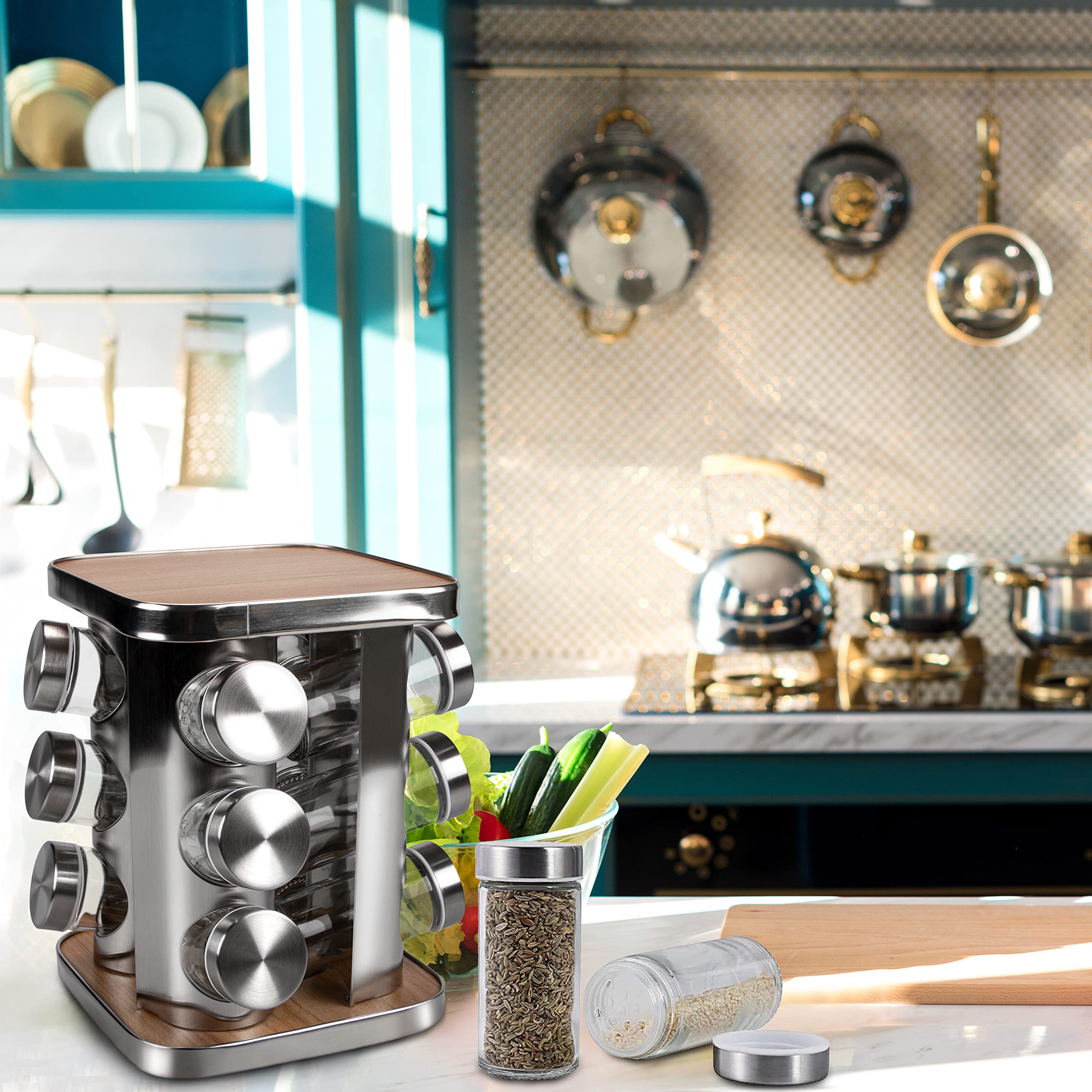 Stainless Steel Rotating Spice Rack Organizer - 12 Jar Countertop Spice Carousel Tower for Kitchen, Cabinet & Pantry Storage - Perfect for Cooking, Baking & Organizing Spices