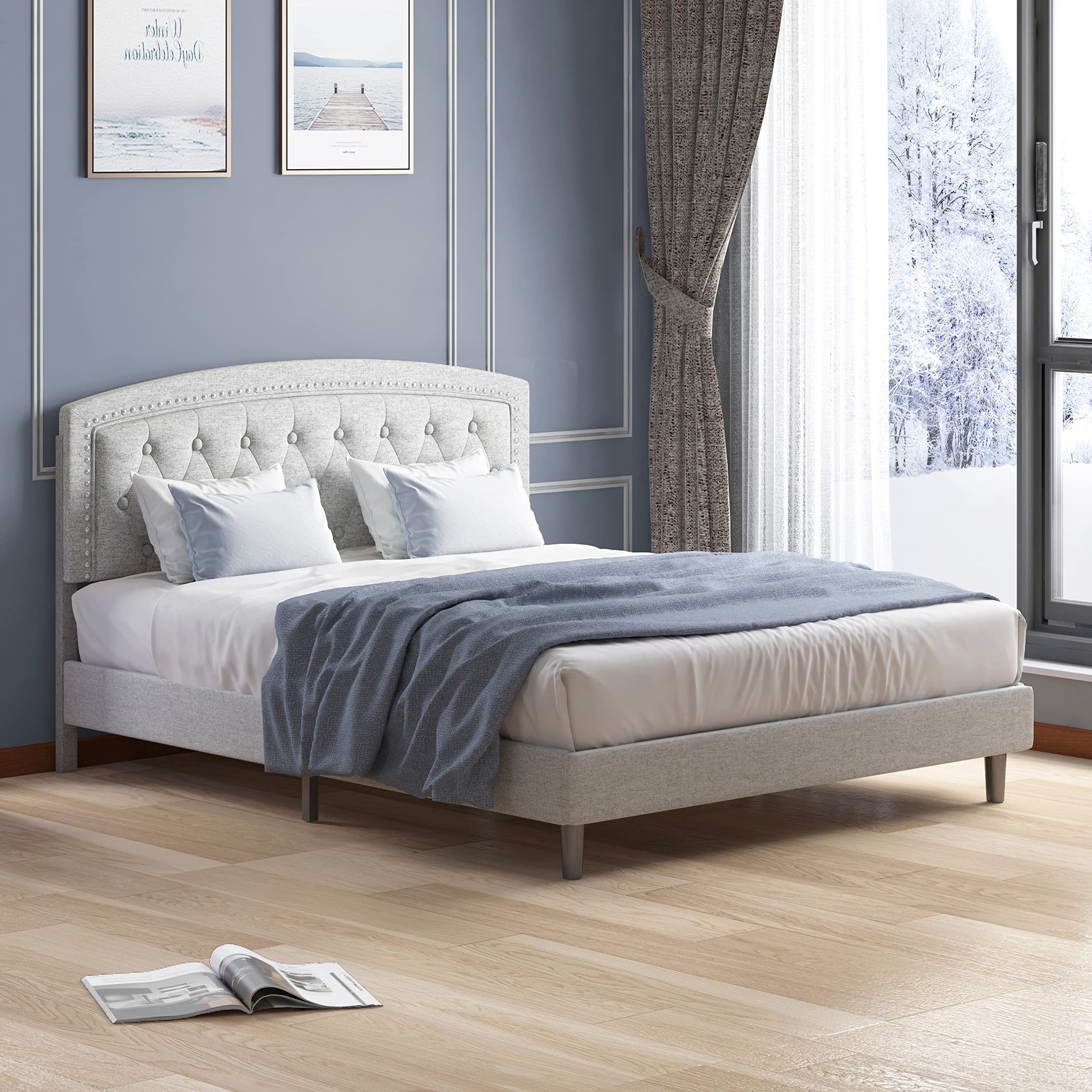BALUS King Size Platform Bed Frame with Headboard & Button Trim - No Box Spring Needed, Easy Assembly - Light Grey - Perfect for Modern Bedrooms & Guest Rooms